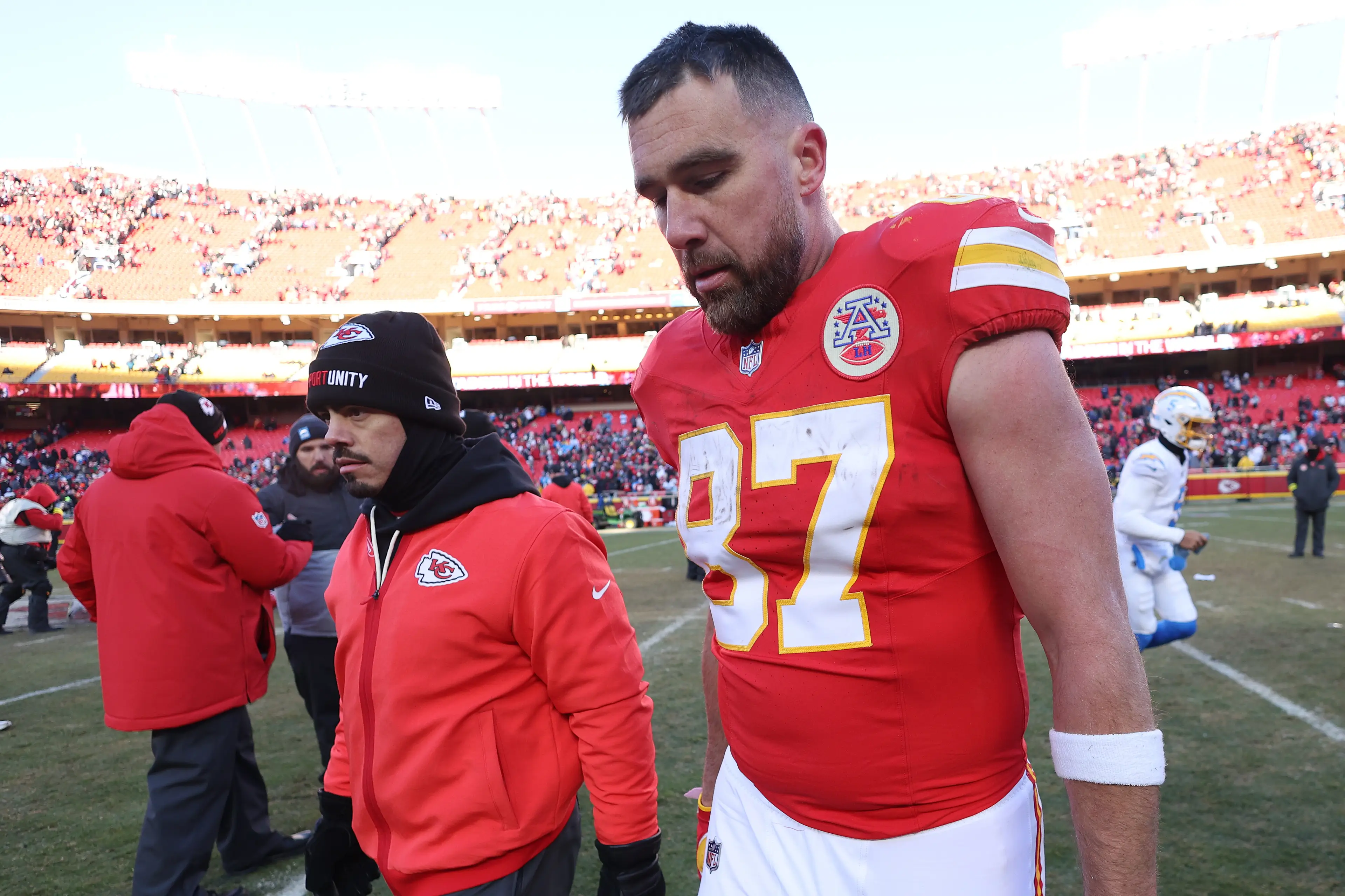 Travis Kelce walking off after the Kansas City Chiefs defeat (Image: Getty)