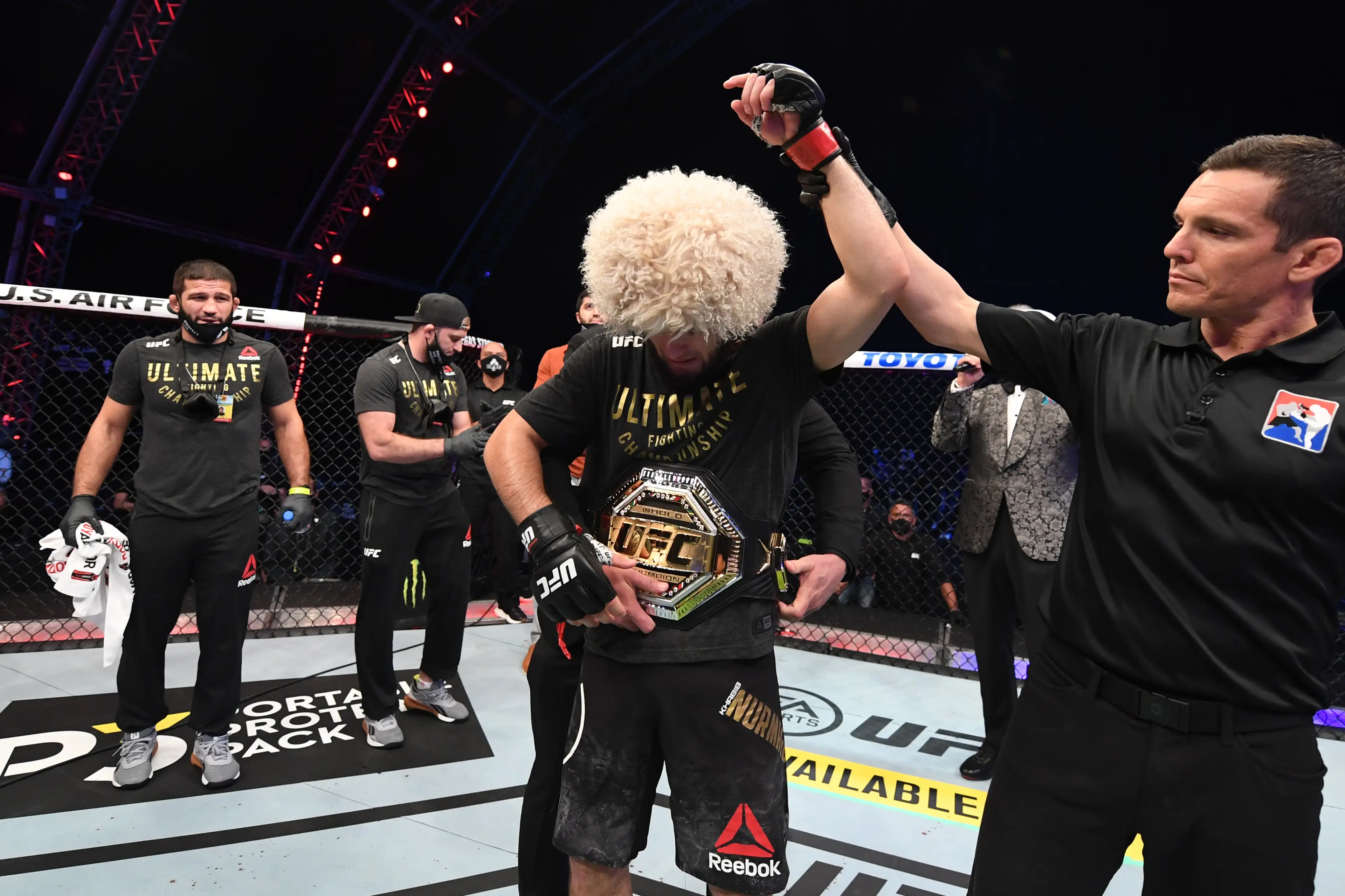 Khabib Nurmagomedov celebrates his victory over Justin Gaethje. Image: Getty