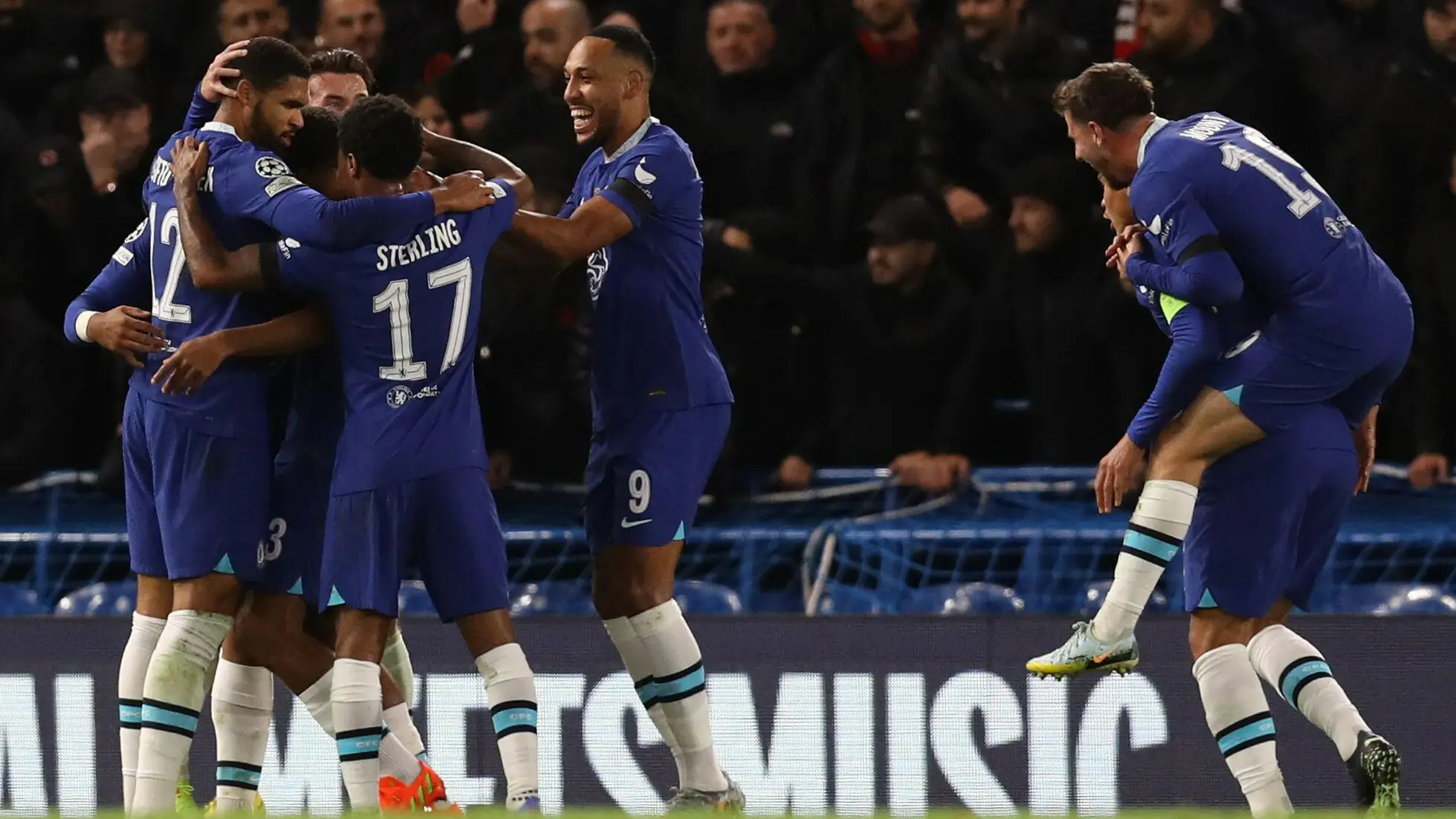 Wesley Fofana of Chelsea celebrates with team mates after scoring to make it 1-0 during the UEFA Champions League match at Stamford Bridge, London.