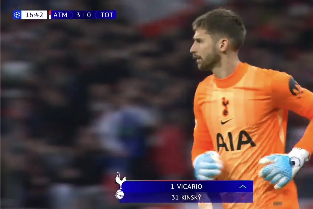 Vicario replaced Kinsky in the 17th minute. Image credit: TNT Sports