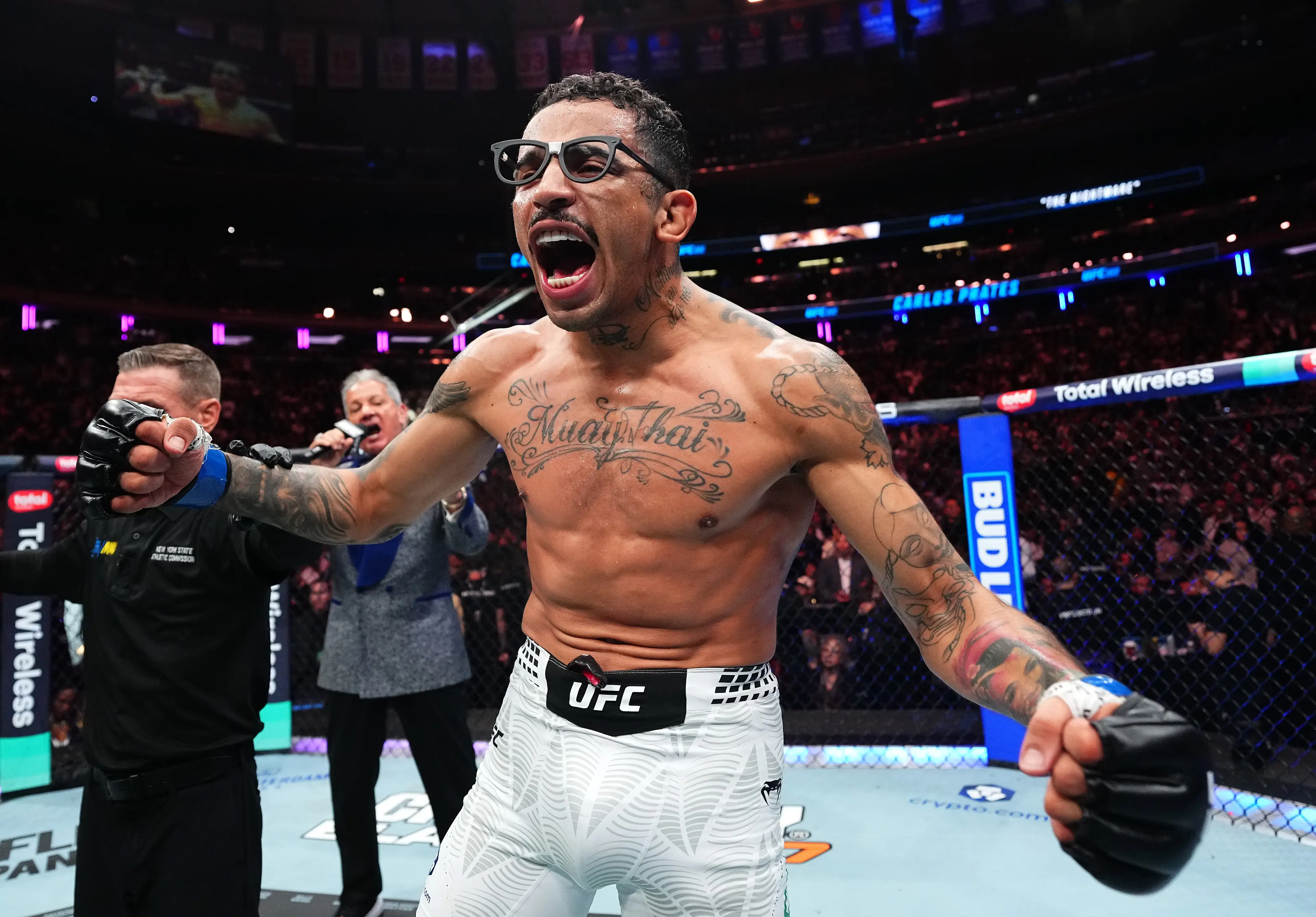 Carlos Prates celebrates his win over Leon Edwards at UFC 322. Image: Getty 