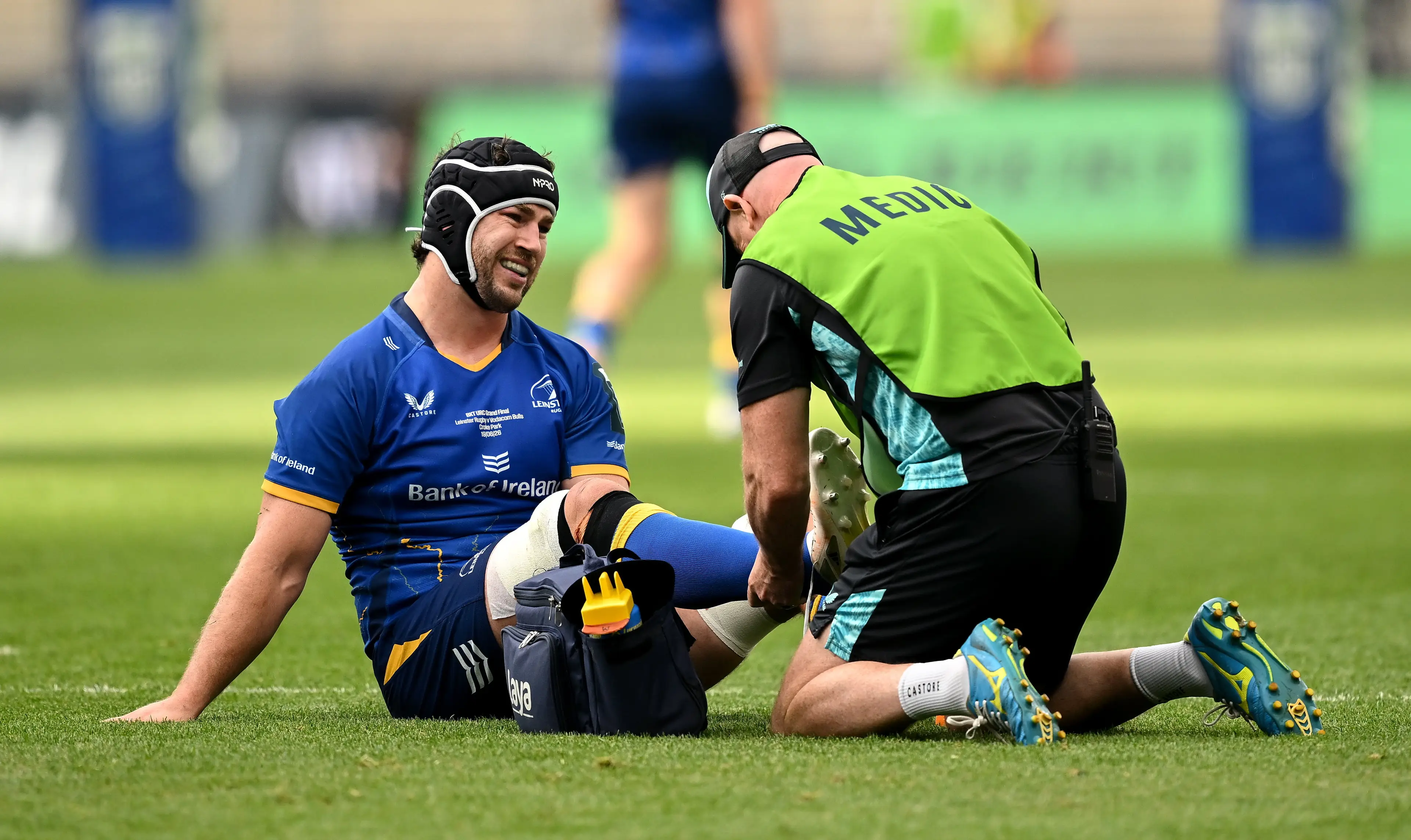 Caelan Doris of Leinster recieves medical attention during the United Rugby Championship grand final match between Leinster and Vodacom Bulls (Getty Images)