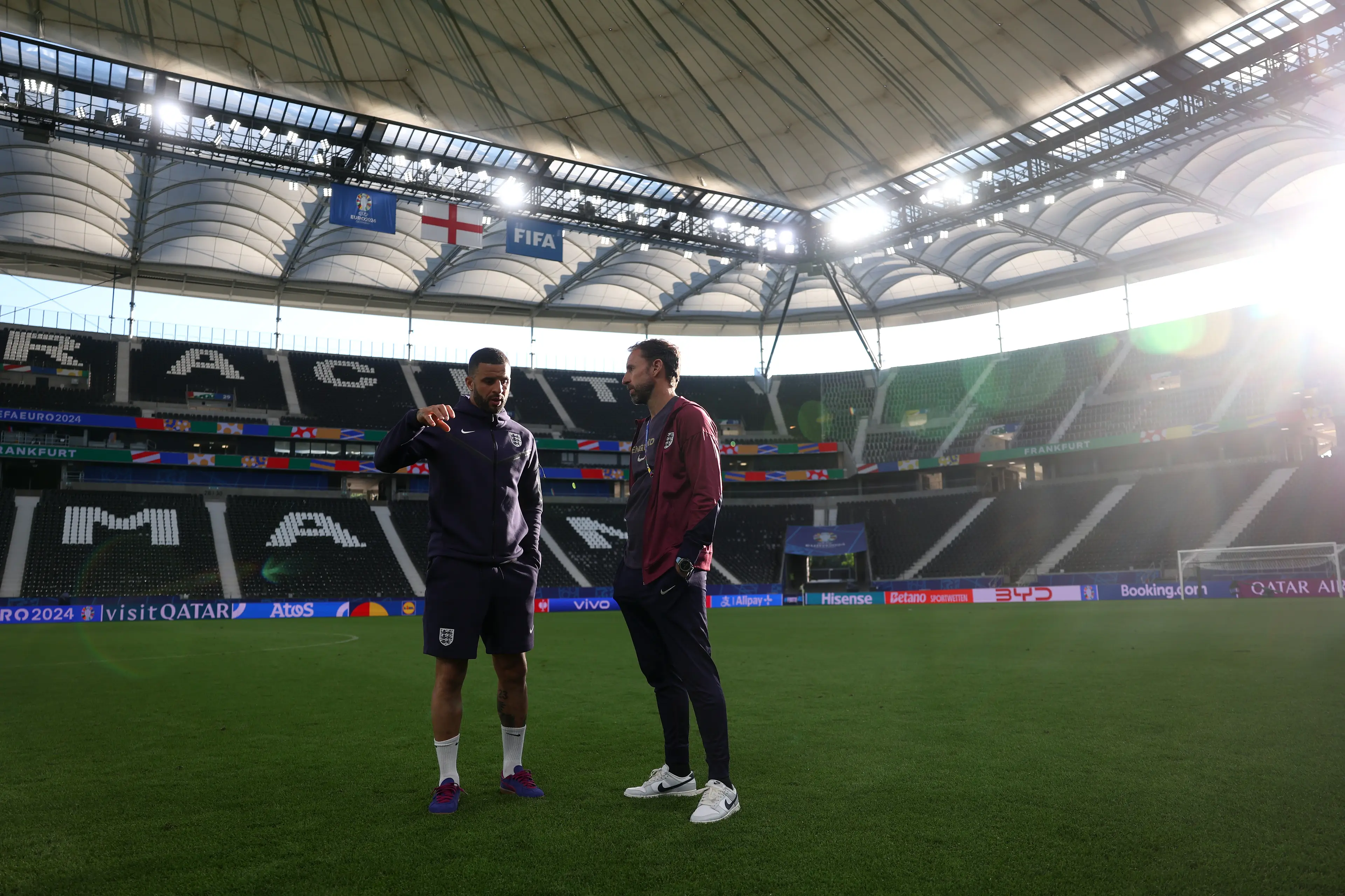 Kyle Walker and Gareth Southgate at the Waldstadion. Image: Getty 