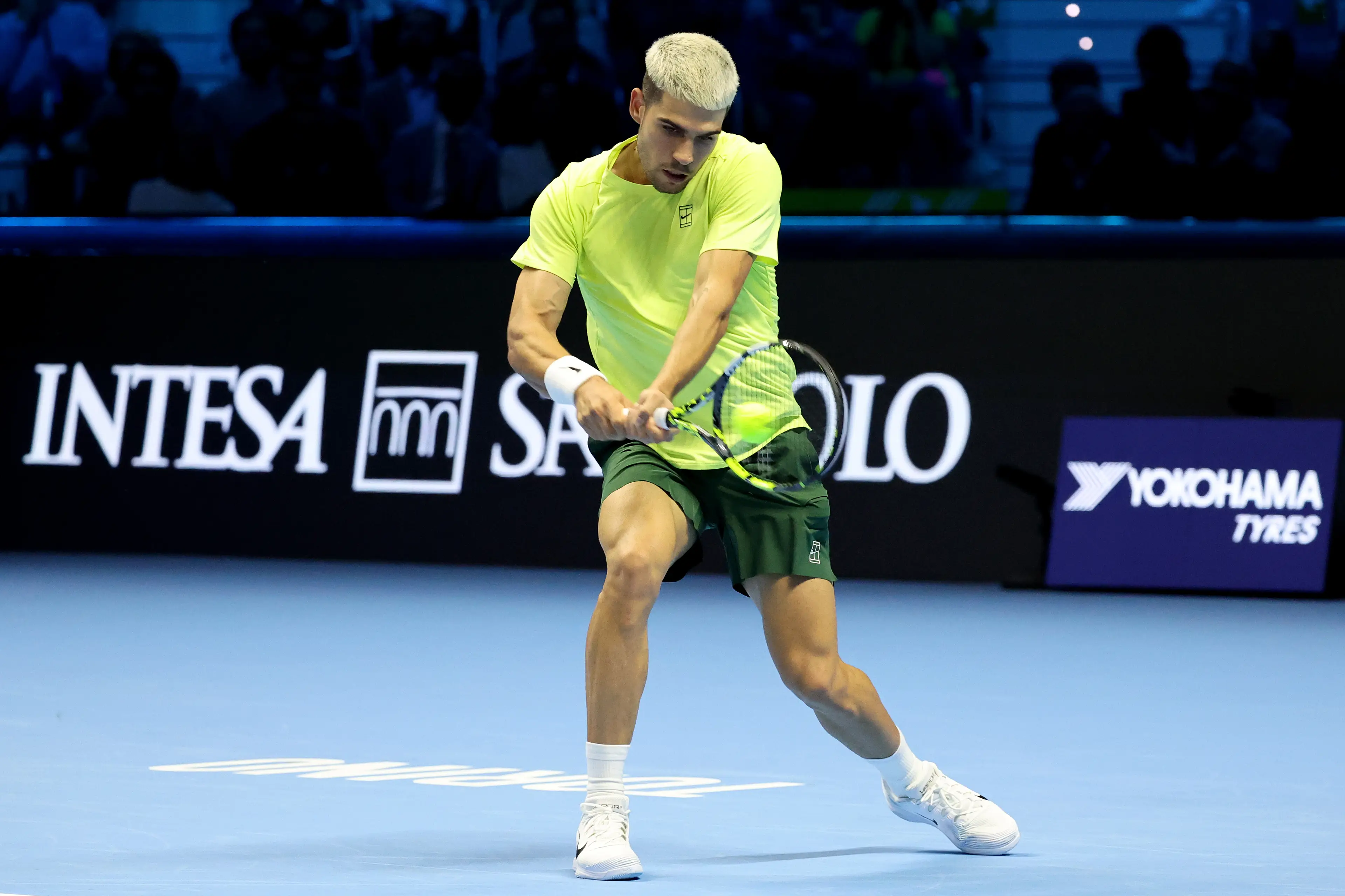 Carlos Alcaraz in action at the ATP Tour Finals in Turin. Image: Getty