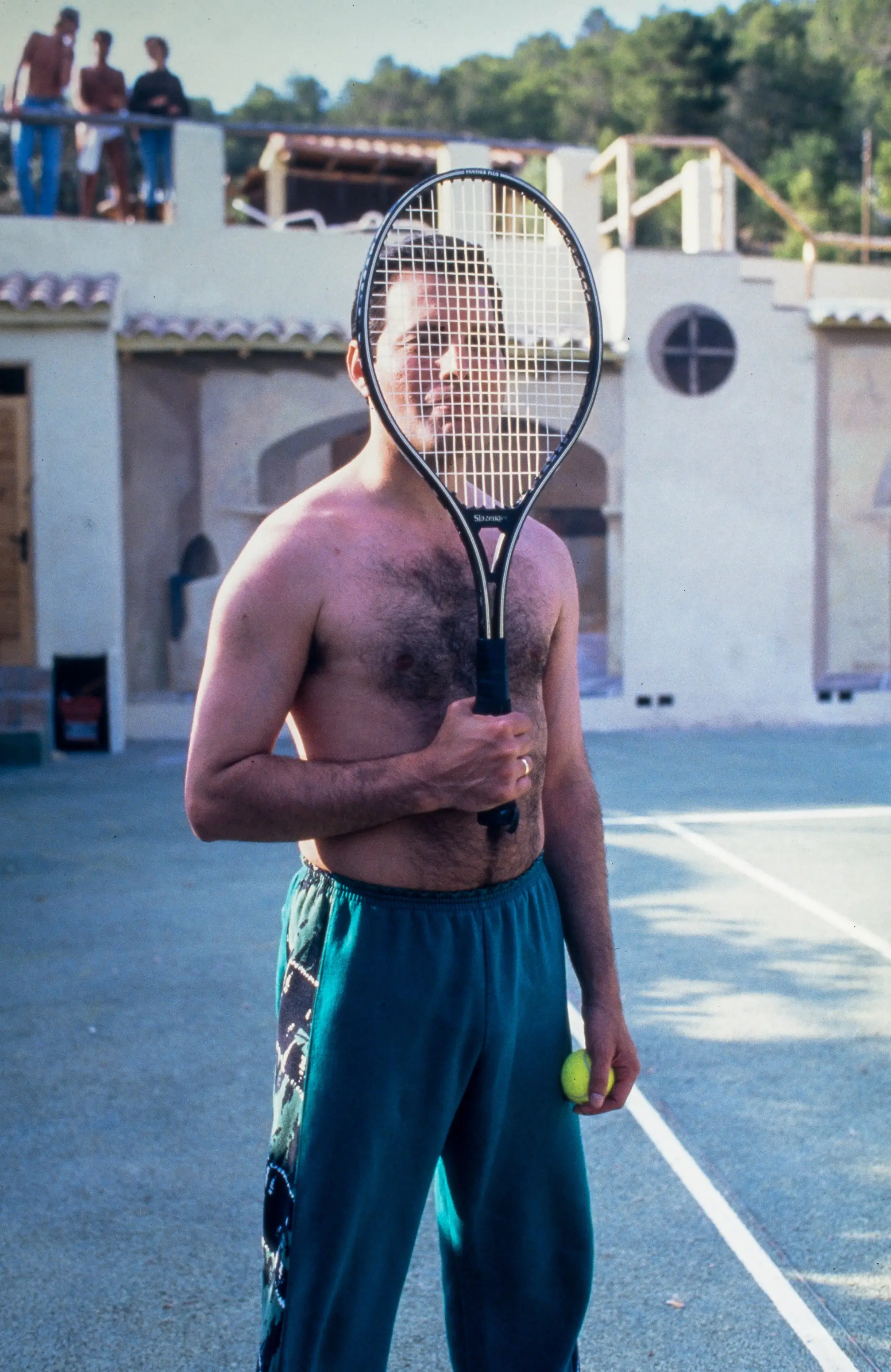 Freddie Mercury on the tennis court at Pikes Hotel in Ibiza on May 28, 1987. Image credit: Getty