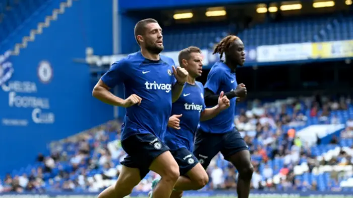 Mateo Kovacic, Cesar Azpilicueta and Trevoh Chalobah during Chelsea's open training session. (Chelsea FC)