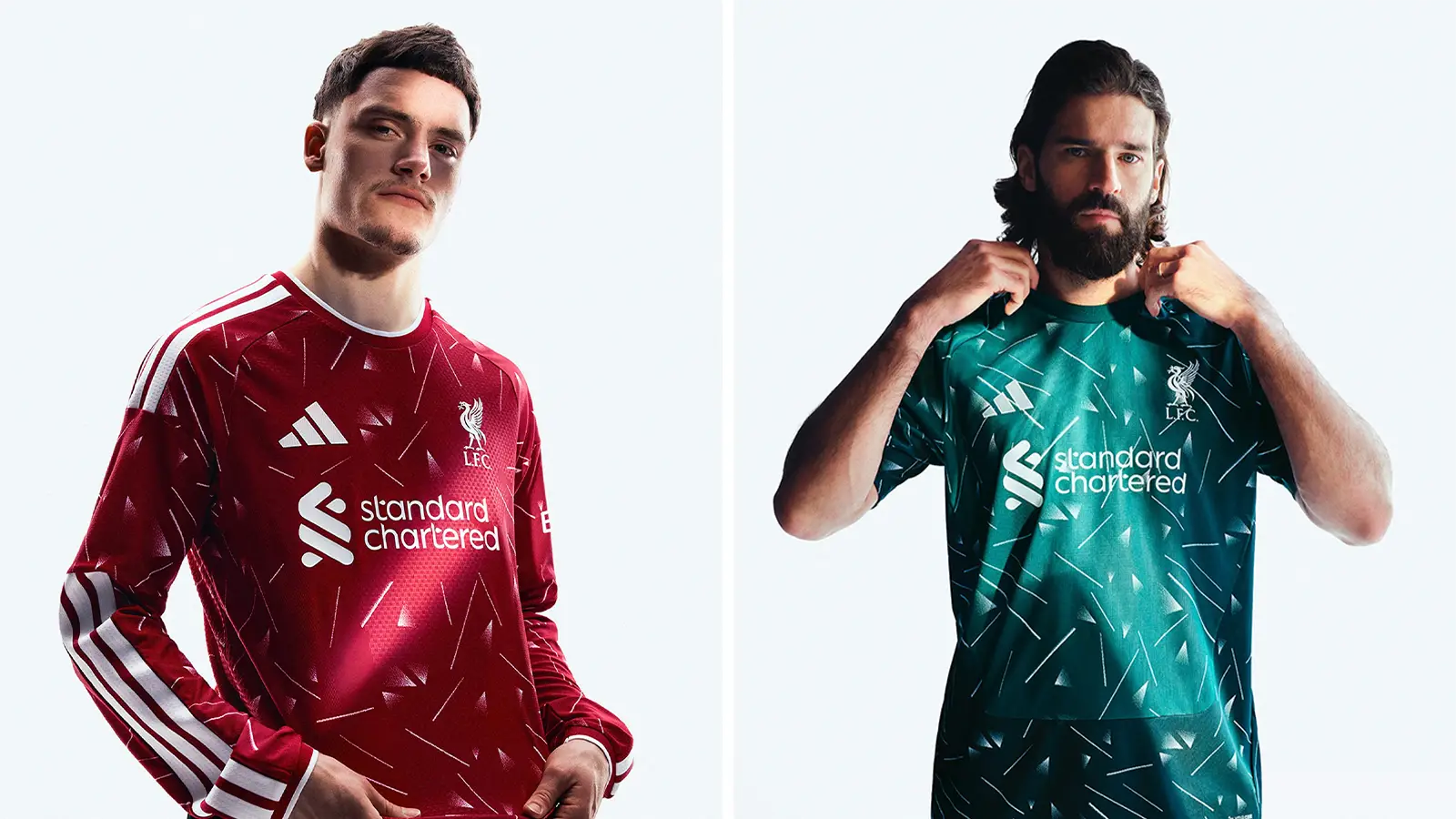 Alisson and Florian Wirtz model the new Liverpool kit (Adidas)