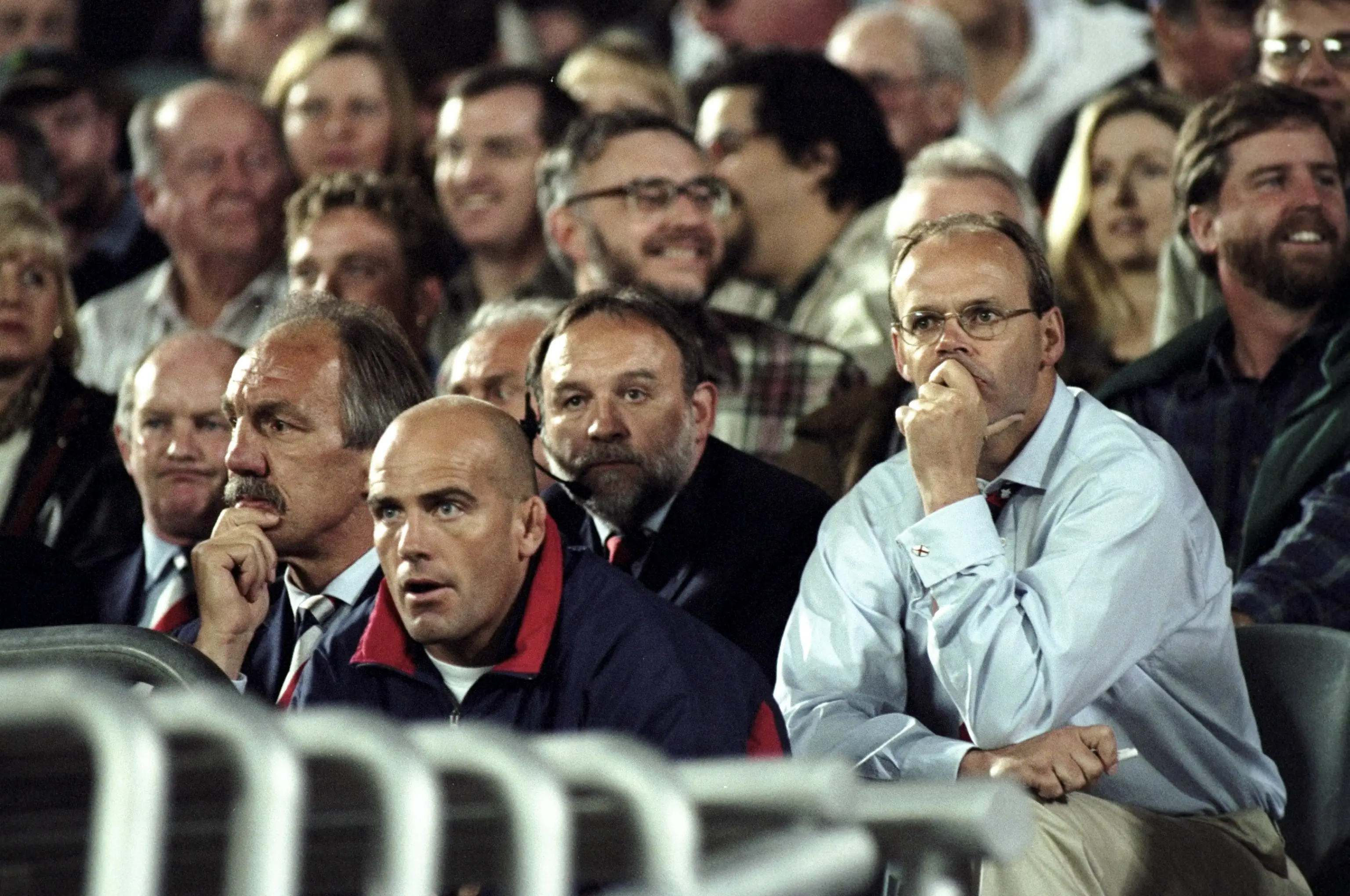 England coaches (L to R) Clive Woodward, John Mitchell and Roger Uttley watch on with during the Cook Cup match against Australia  (Getty Images)