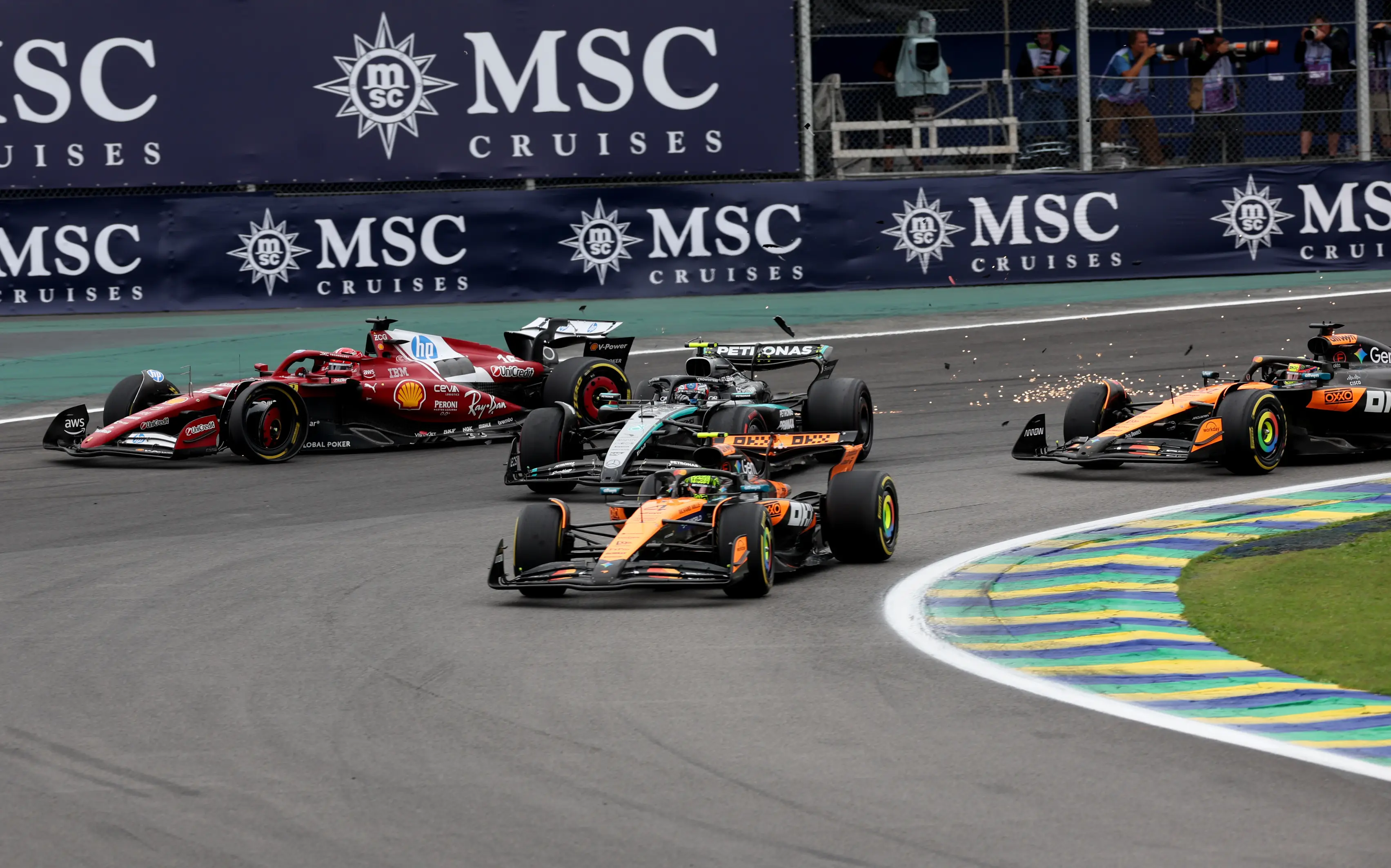 Oscar Piastri crashed into Kimi Antonelli during the Brazilian Grand Prix. Image: Getty