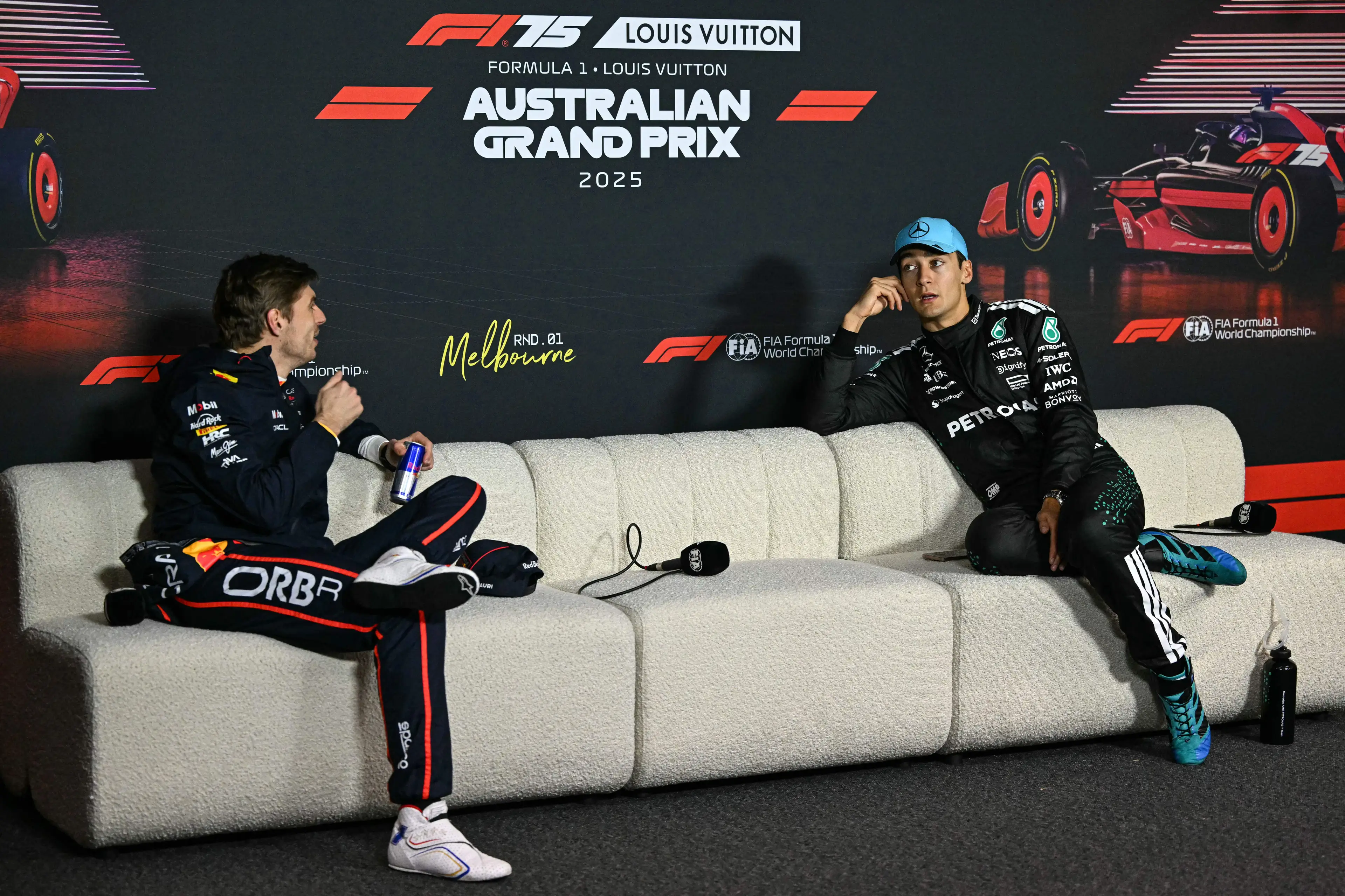 Max Verstappen and George Russell. Image: Getty
