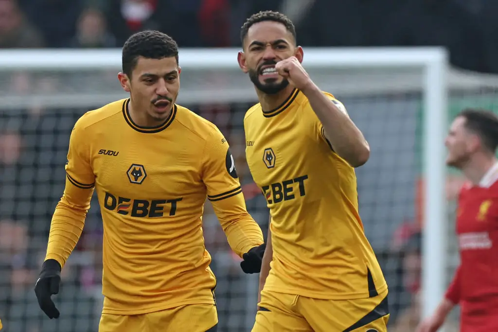 Matheus Cunha celebrates after scoring for Wolves against Liverpool (Image: Getty)