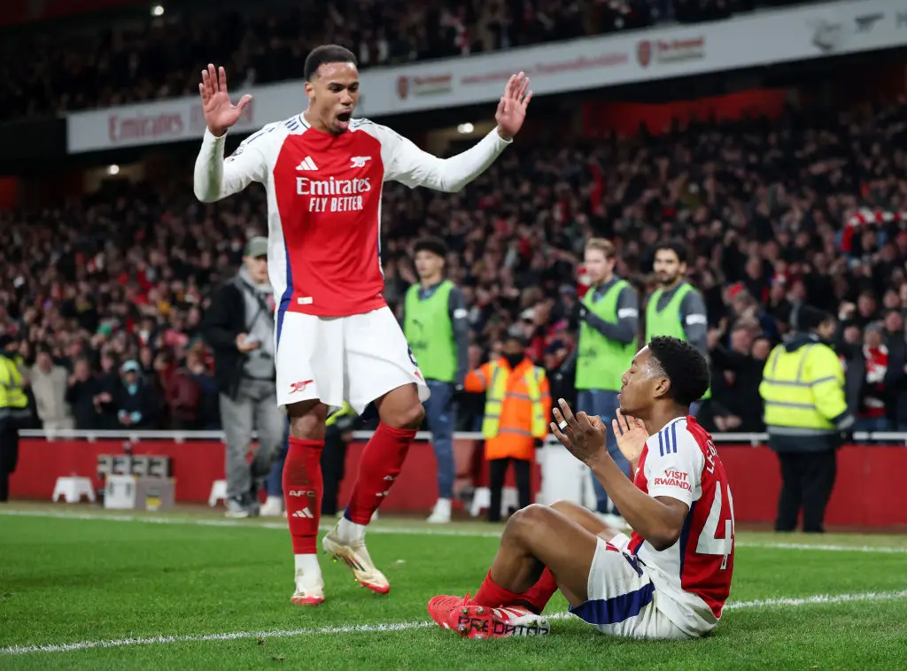 Myles Lewis-Skelly recreated Erling Haaland's iconic goal celebration during the match on Sunday. (Image: Getty)