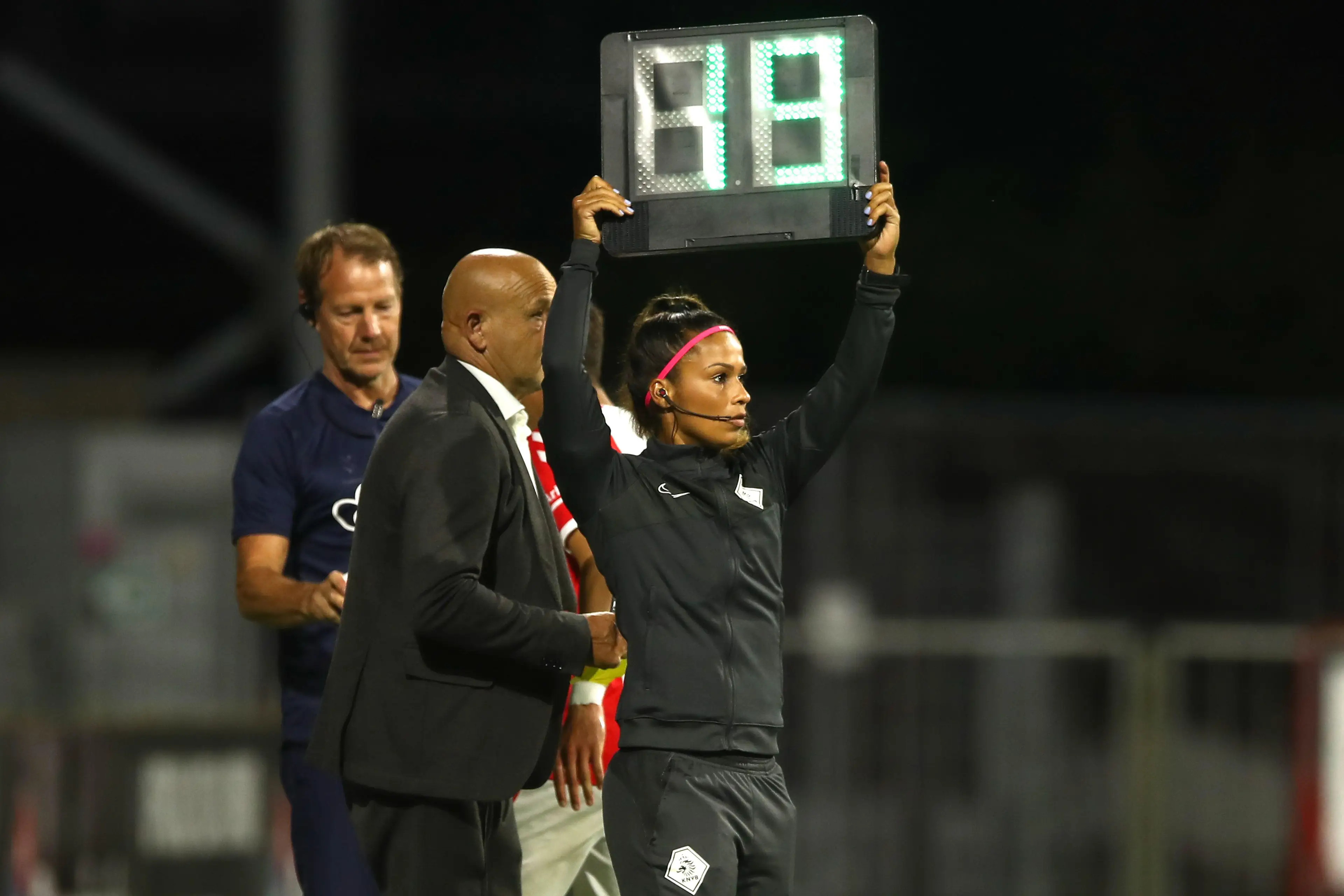 4th official Shona Shukrula during the Dutch Keukenkampioendivisie match between FC Emmen and FC Eindhoven at De Oude Meerdijk on August 13, 2021. Image credit: Alamy