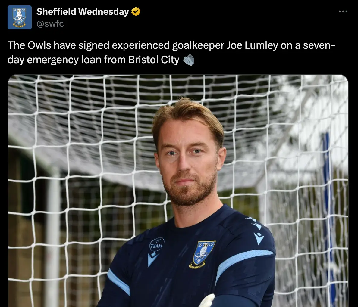 Lumley joined Sheff Wed on an initial seven-day emergency loan last week (Image: Twitter/@SWFC)