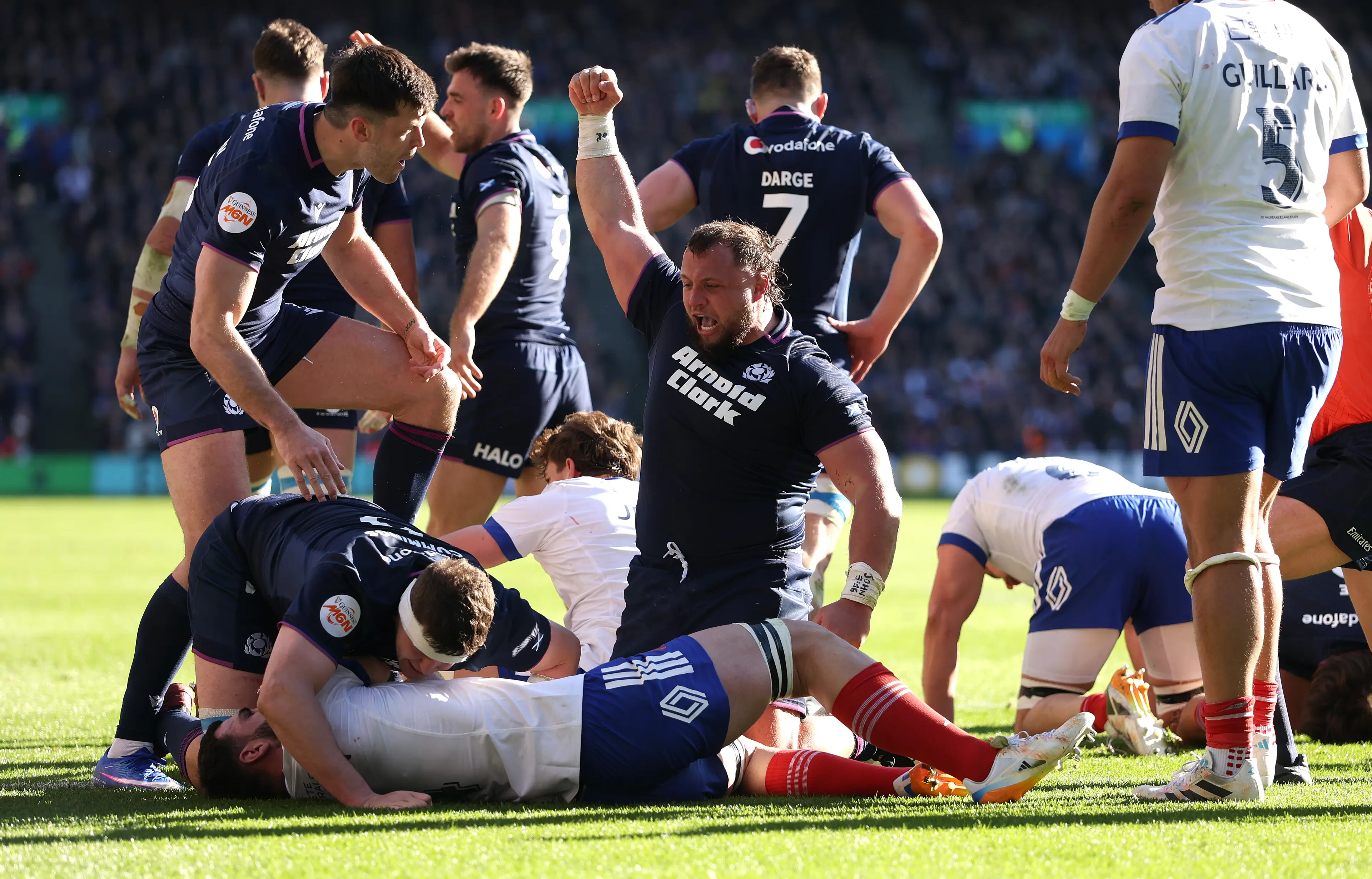 Pierre Schoeman of Scotland celebrates after scoring the third Scotland try during the Guinness Six Nations 2026 match between Scotland and France (Getty Images)