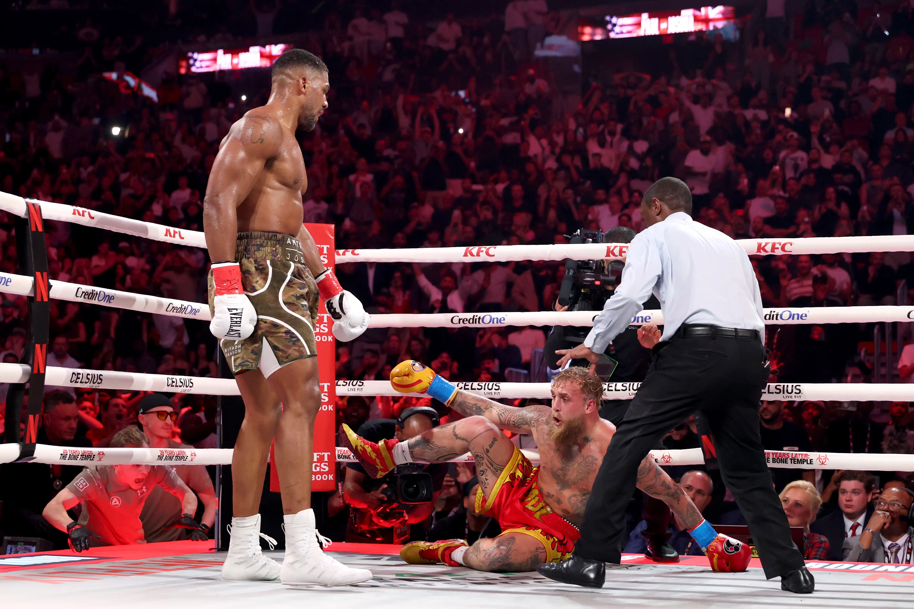Jake Paul was knocked down several times by Anthony Joshua (Image: Getty)
