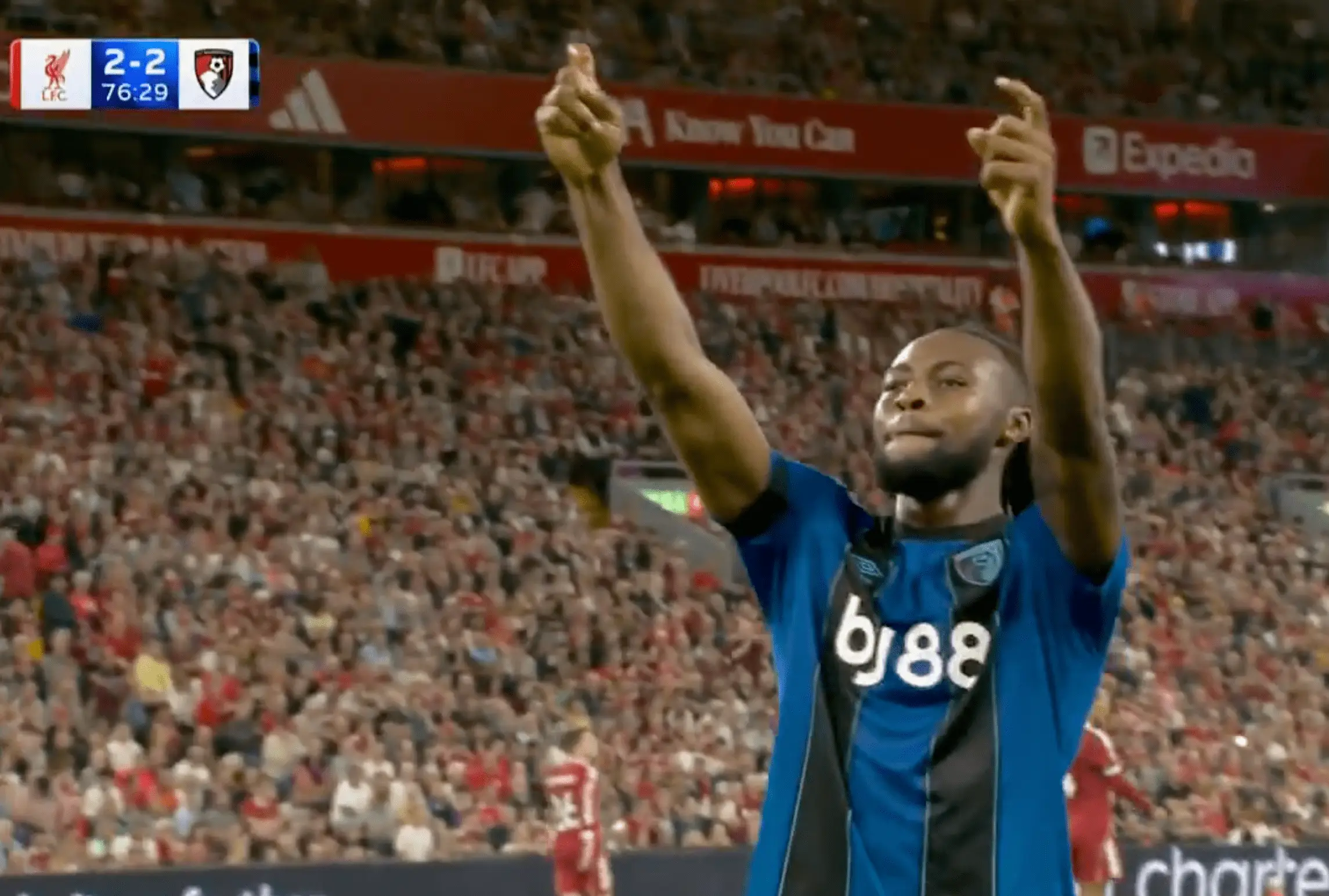Semenyo scored twice for Bournemouth at Anfield (Image: Sky Sports)