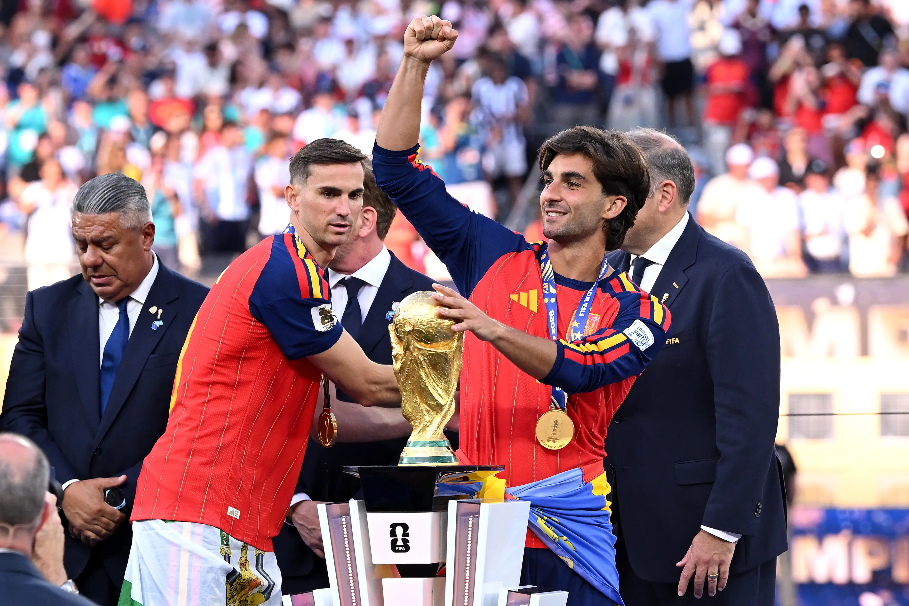 Ferran Torres celebrates winning the World Cup. Image credit: Getty