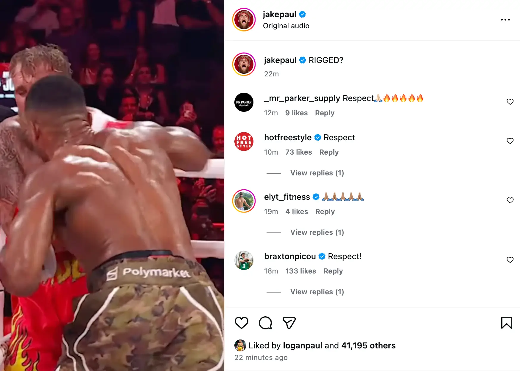 Jake Paul posted a clip of him getting punched with a huge right hand. Image credit: Instagram/jakepaul