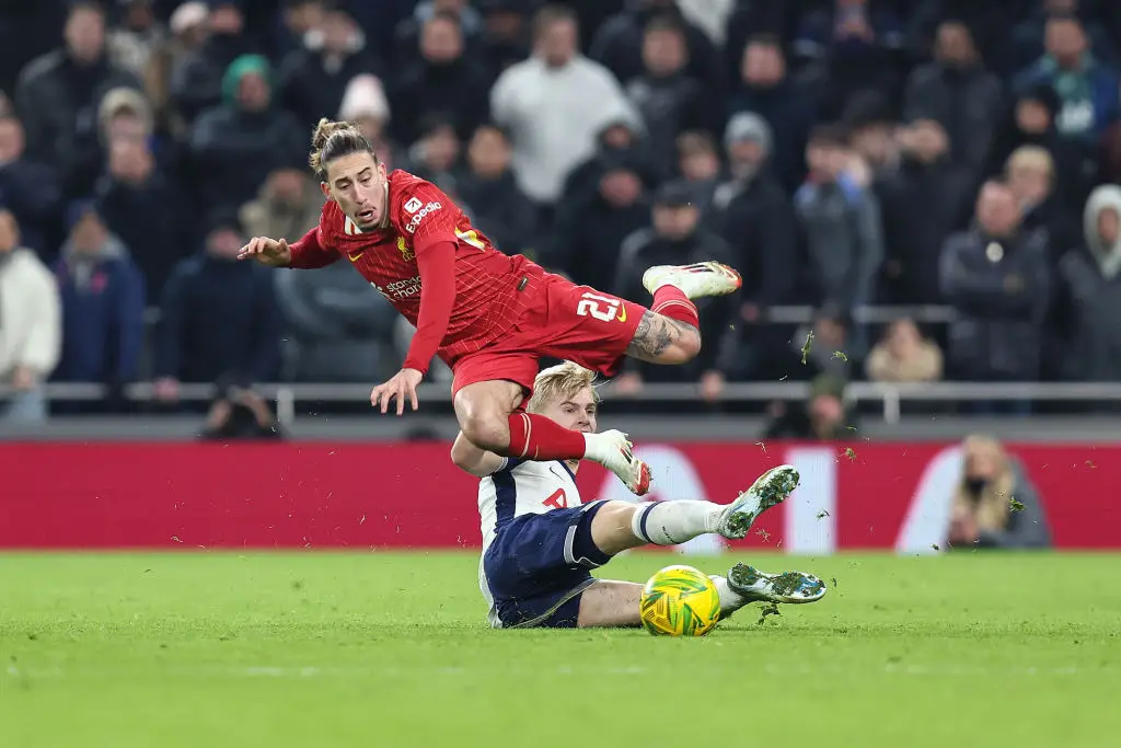 Liverpool were outraged that Lucas Bergvall wasn't shown a second yellow card for a challenge on Kostas Tsimikas. (Image: Getty)
