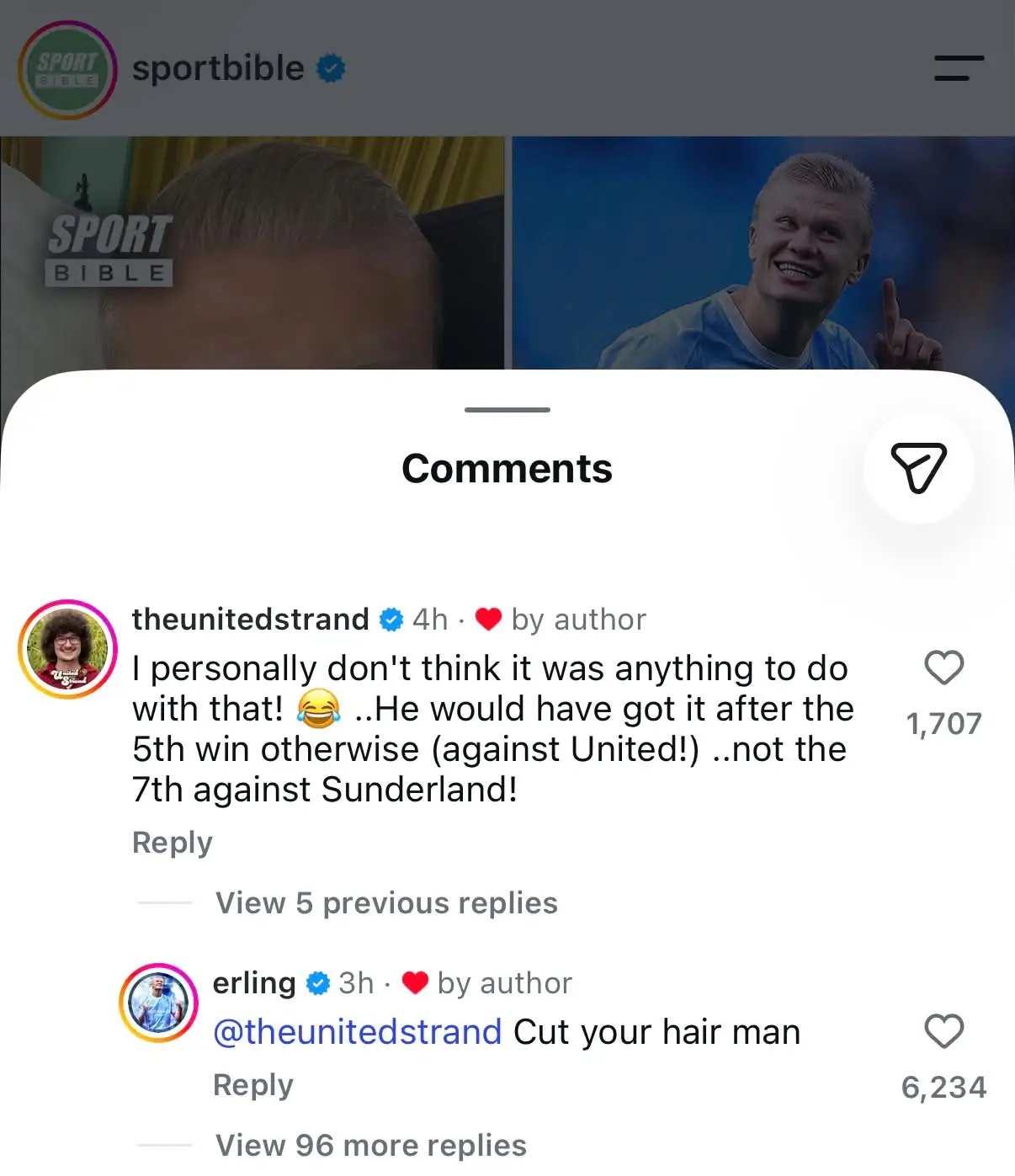 Haaland responds to The United Stand. Image credit: Instagram/SPORTbible