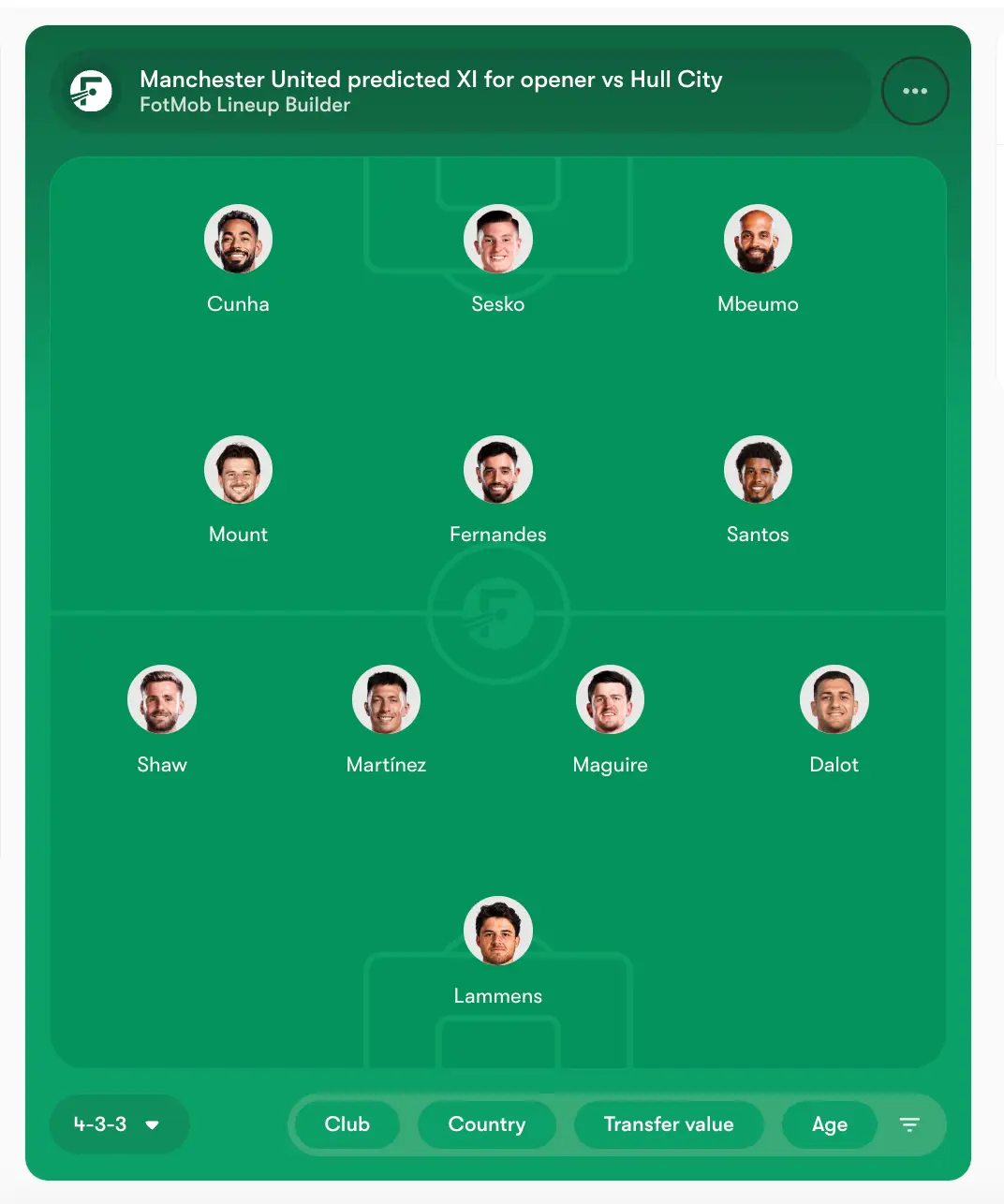 Manchester United predicted line-up for Hull City game. Image credit: Fotmob