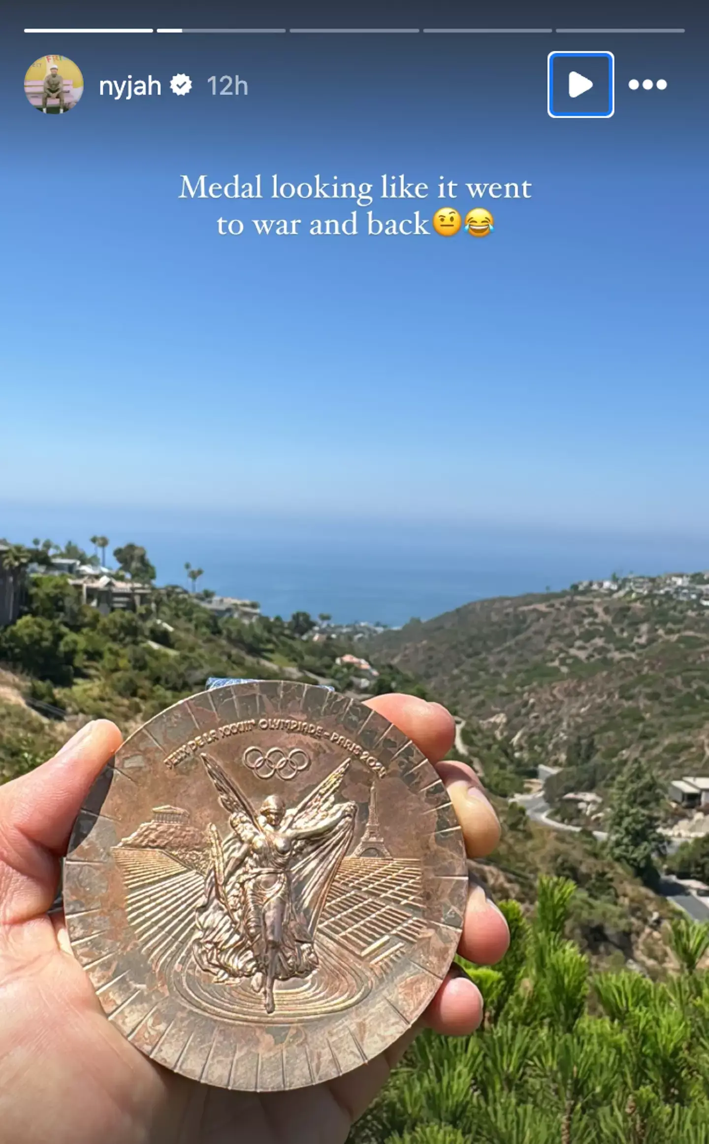 Nyjah posted a video of the medal shortly after winning Bronze in Paris. Image credit: Instagram/nyjah