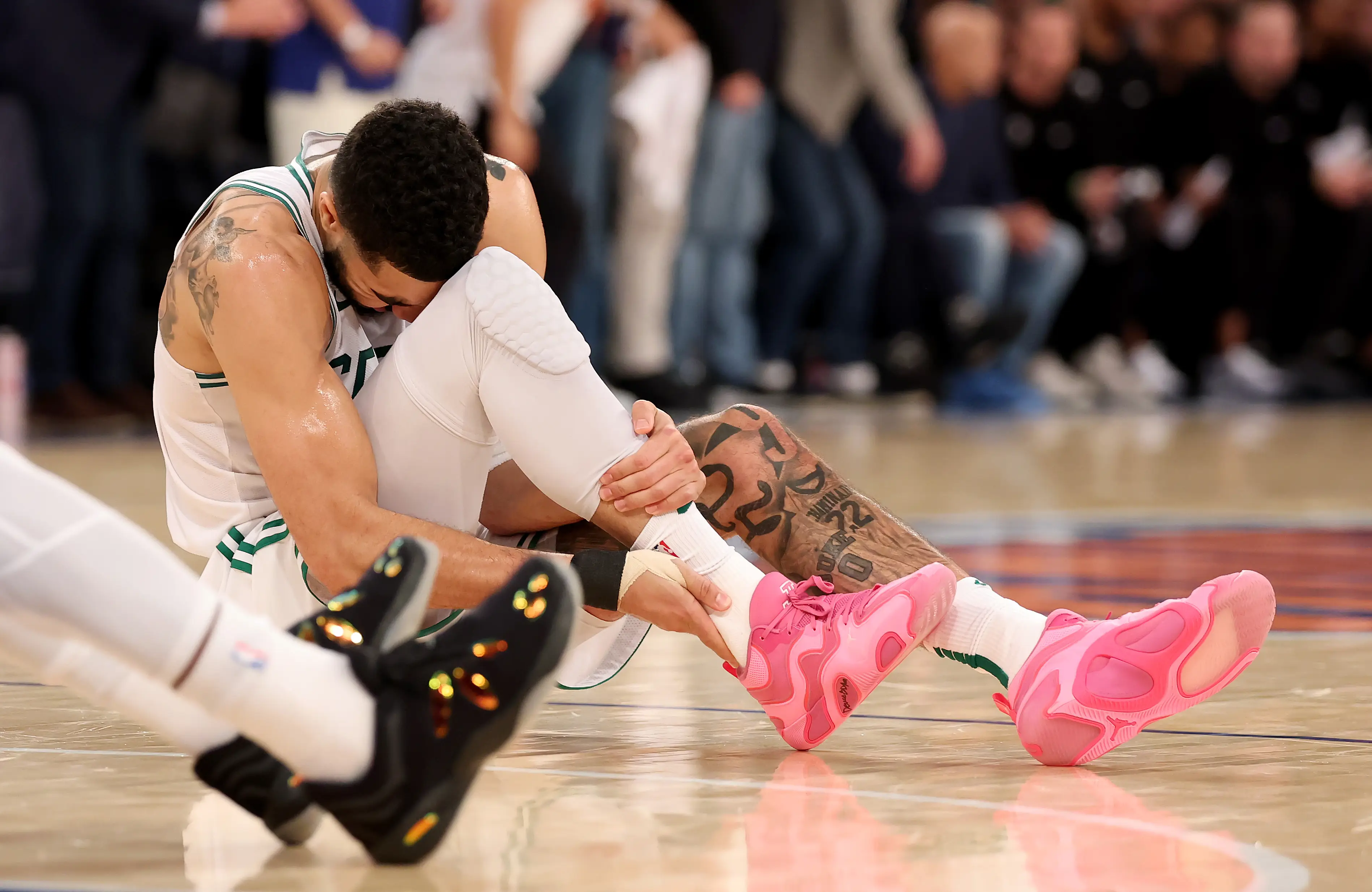 Jayson Tatum got injured against the Knicks. Image: Elsa / Staff via Getty