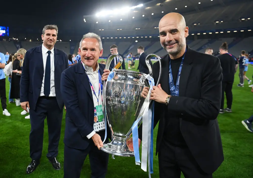 Txiki Begiristain pictured with Pep Guardiola after Man City won the Champions League in 2023 (Image: Getty)