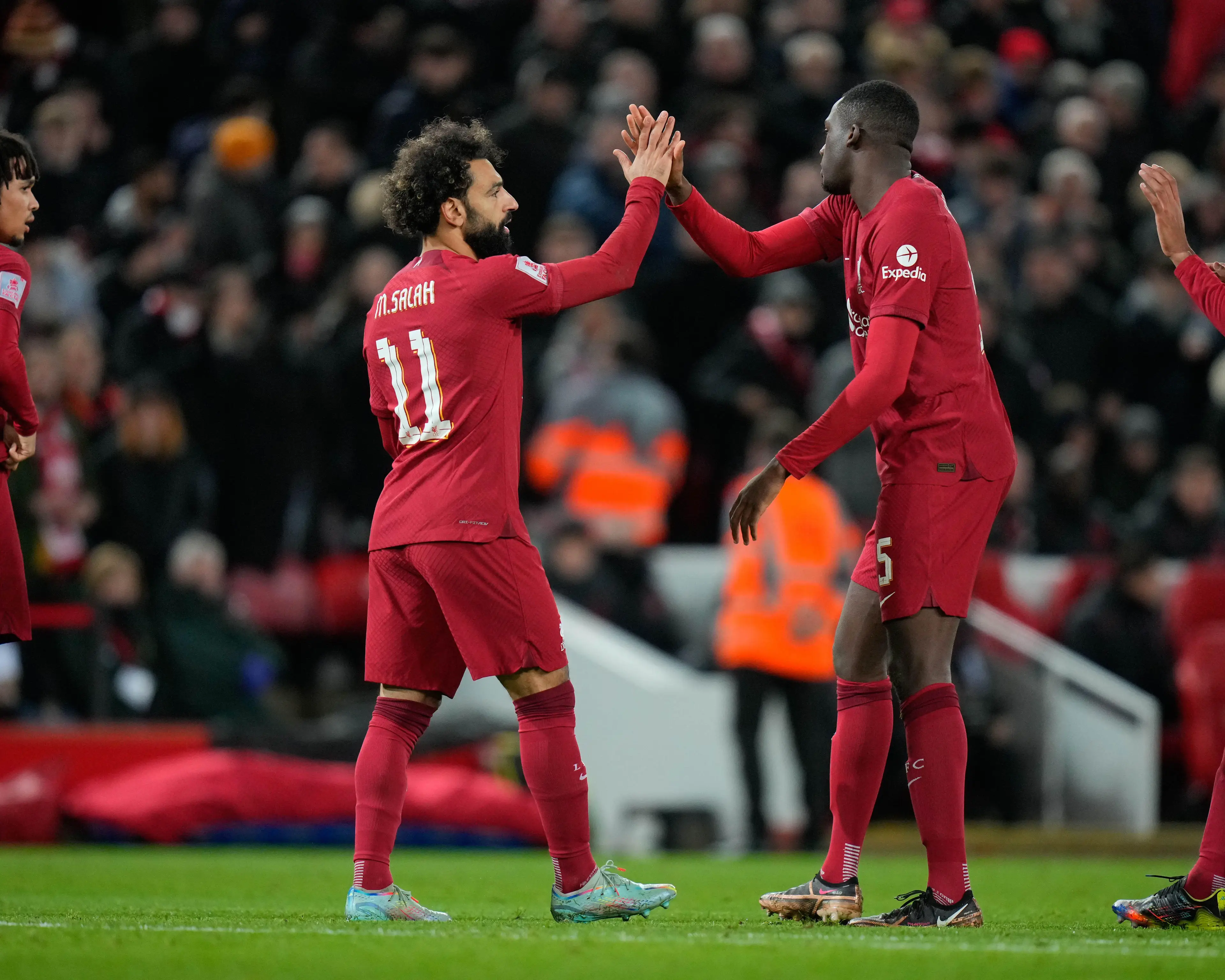 Ibrahima Konate and Mohamed Salah celebrate a goal for Liverpool. Image: Alamy