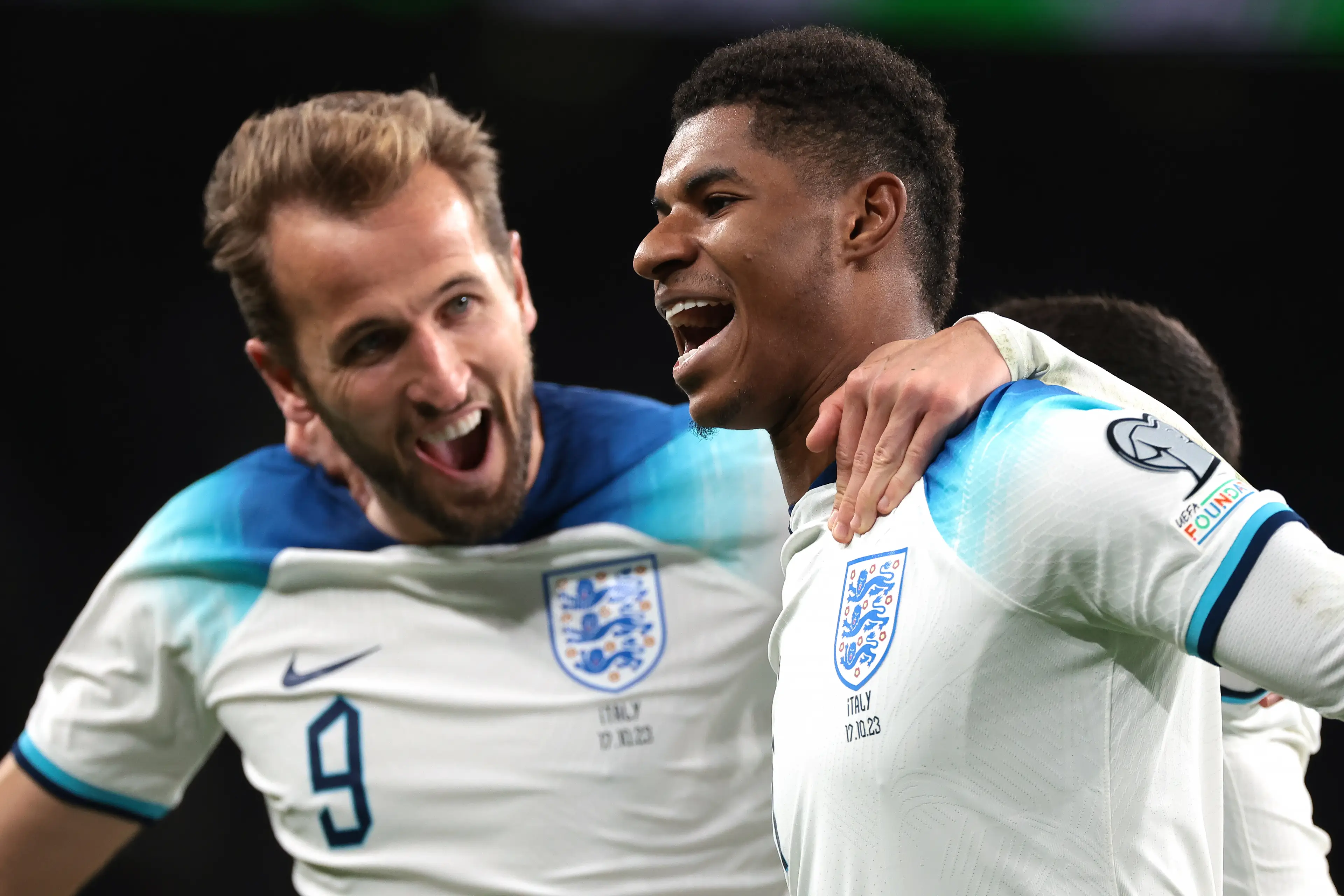 Harry Kane and Marcus Rashford celebrate an England goal. Image: Getty