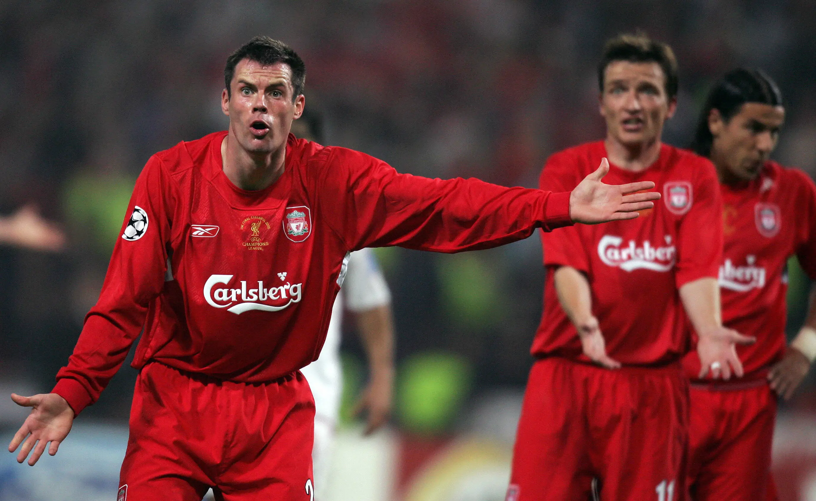 Jamie Carragher during the 2005 Champions League final. Image: Getty 