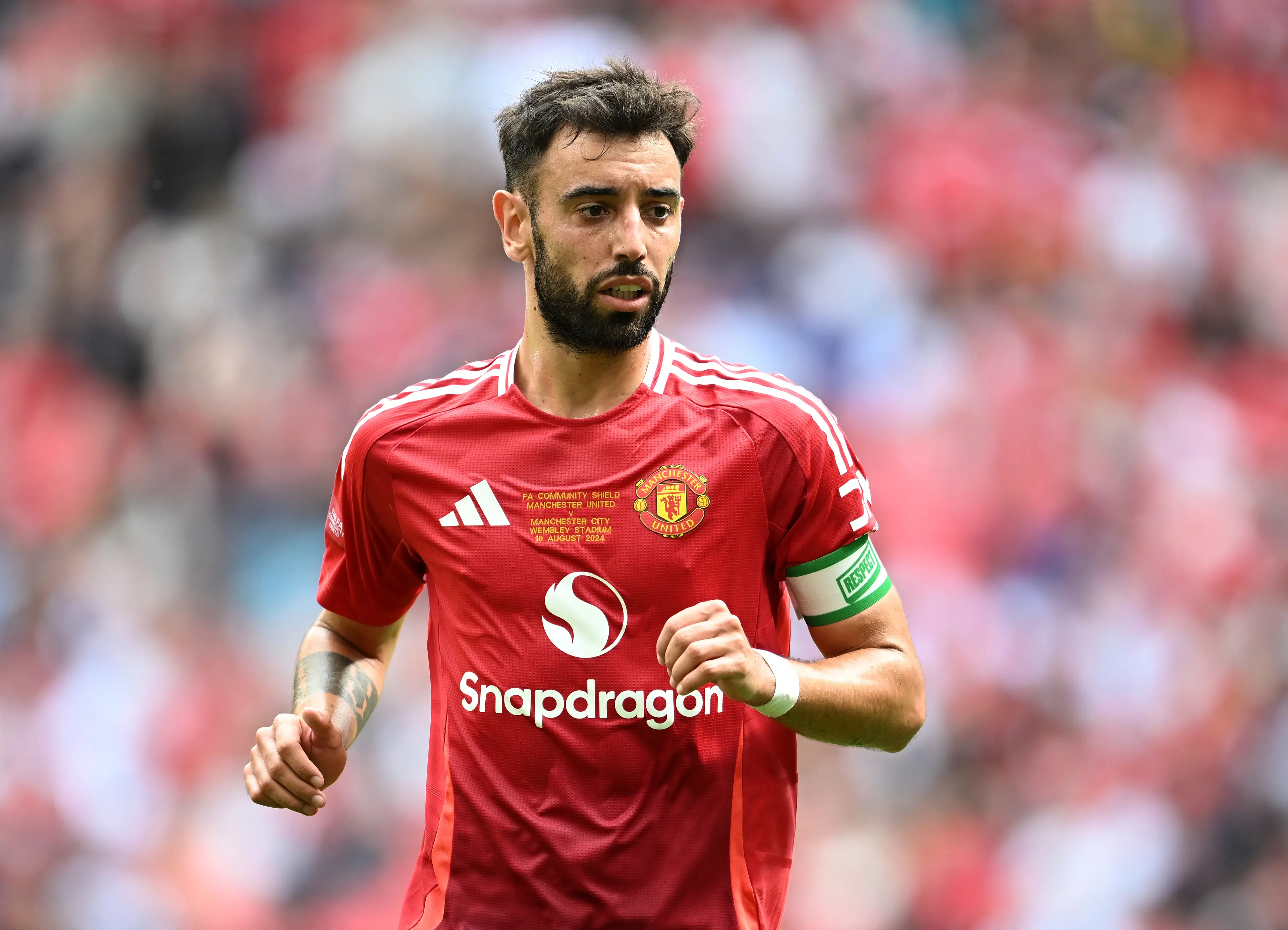 Bruno Fernandes in action during the Community Shield. Image: Getty 