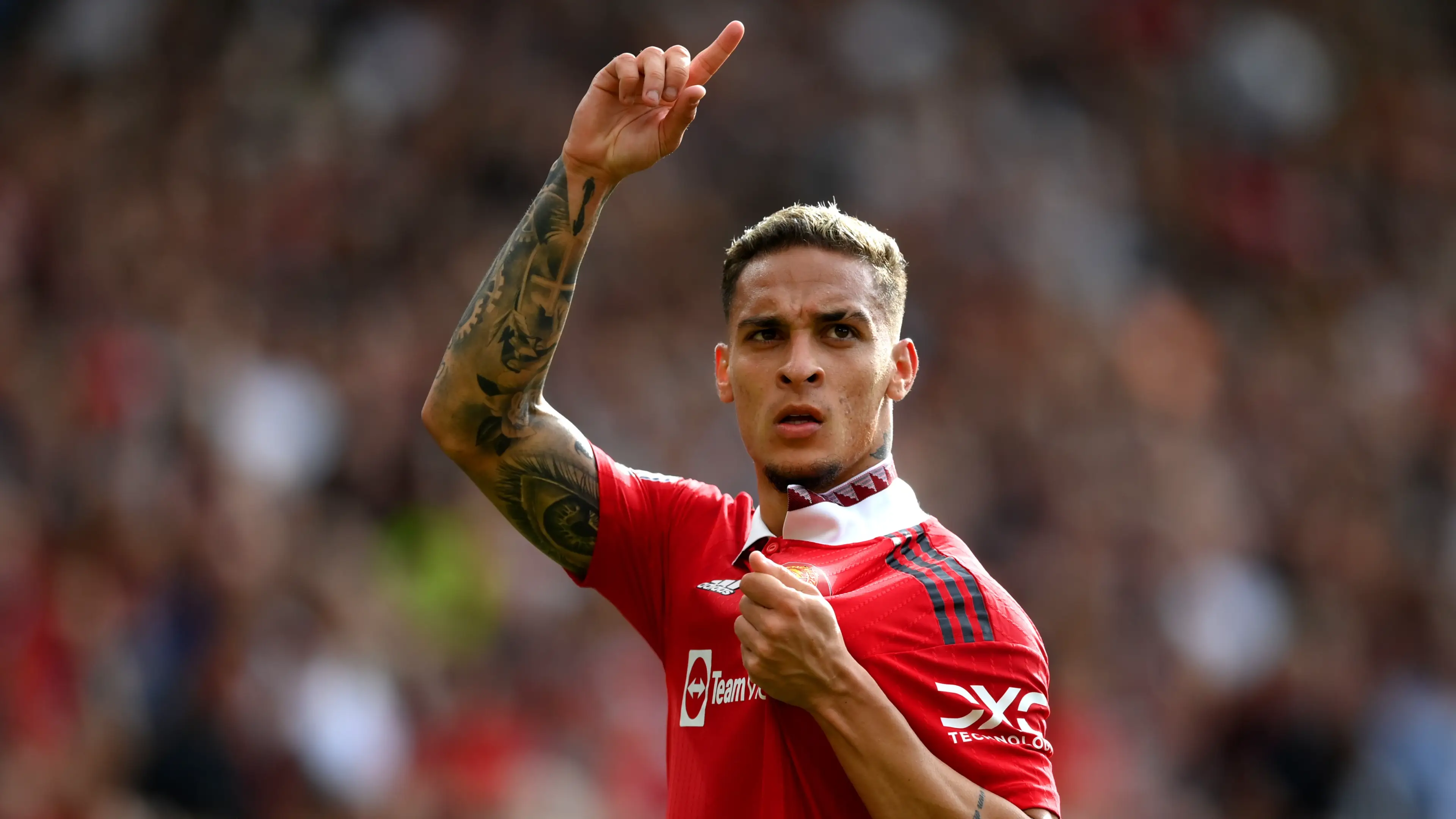 Antony celebrates his first goal for Manchester United. (Man Utd)