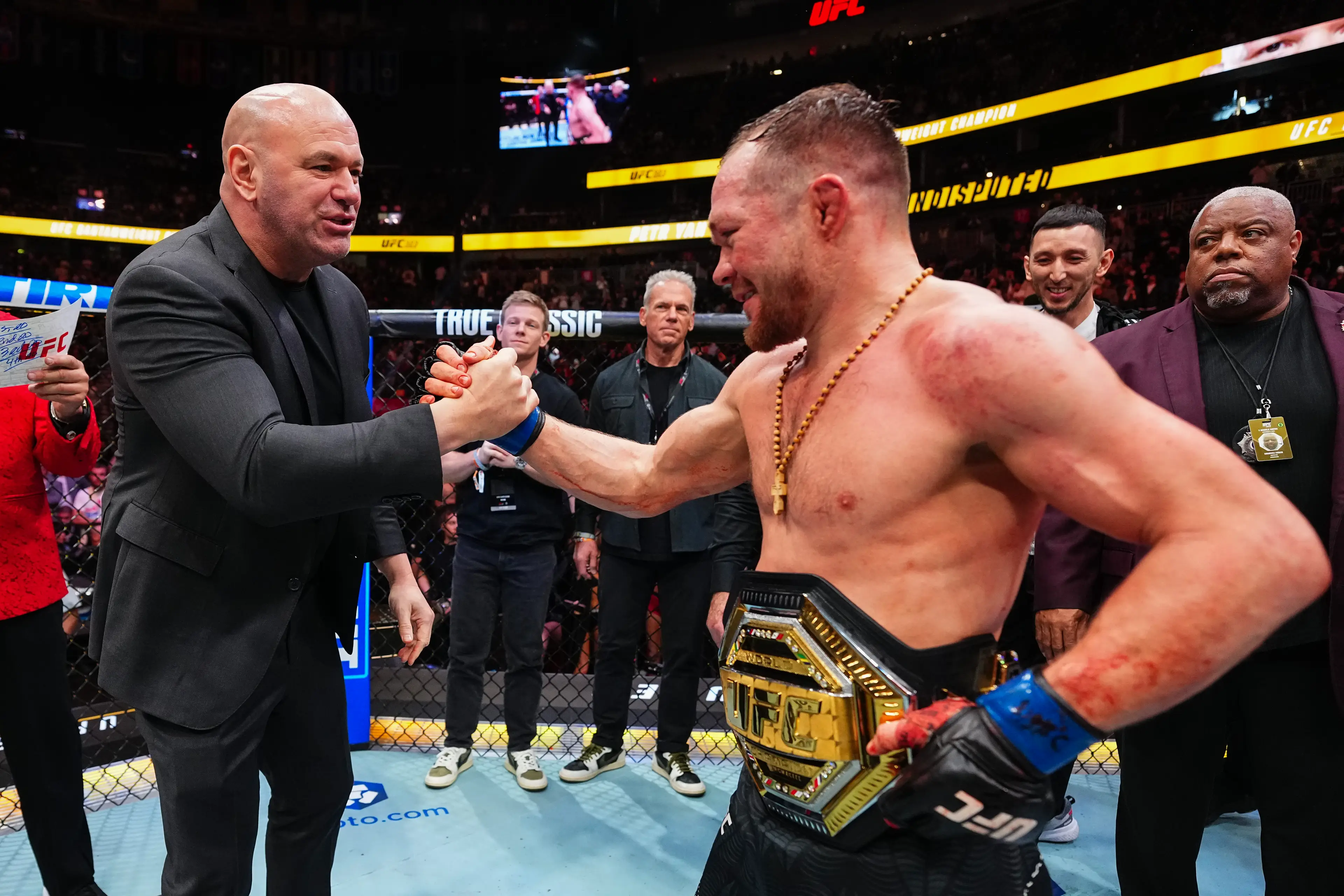Dana White congratulates Petr Yan on becoming the new UFC bantamweight champion at UFC 323. Image: Getty 