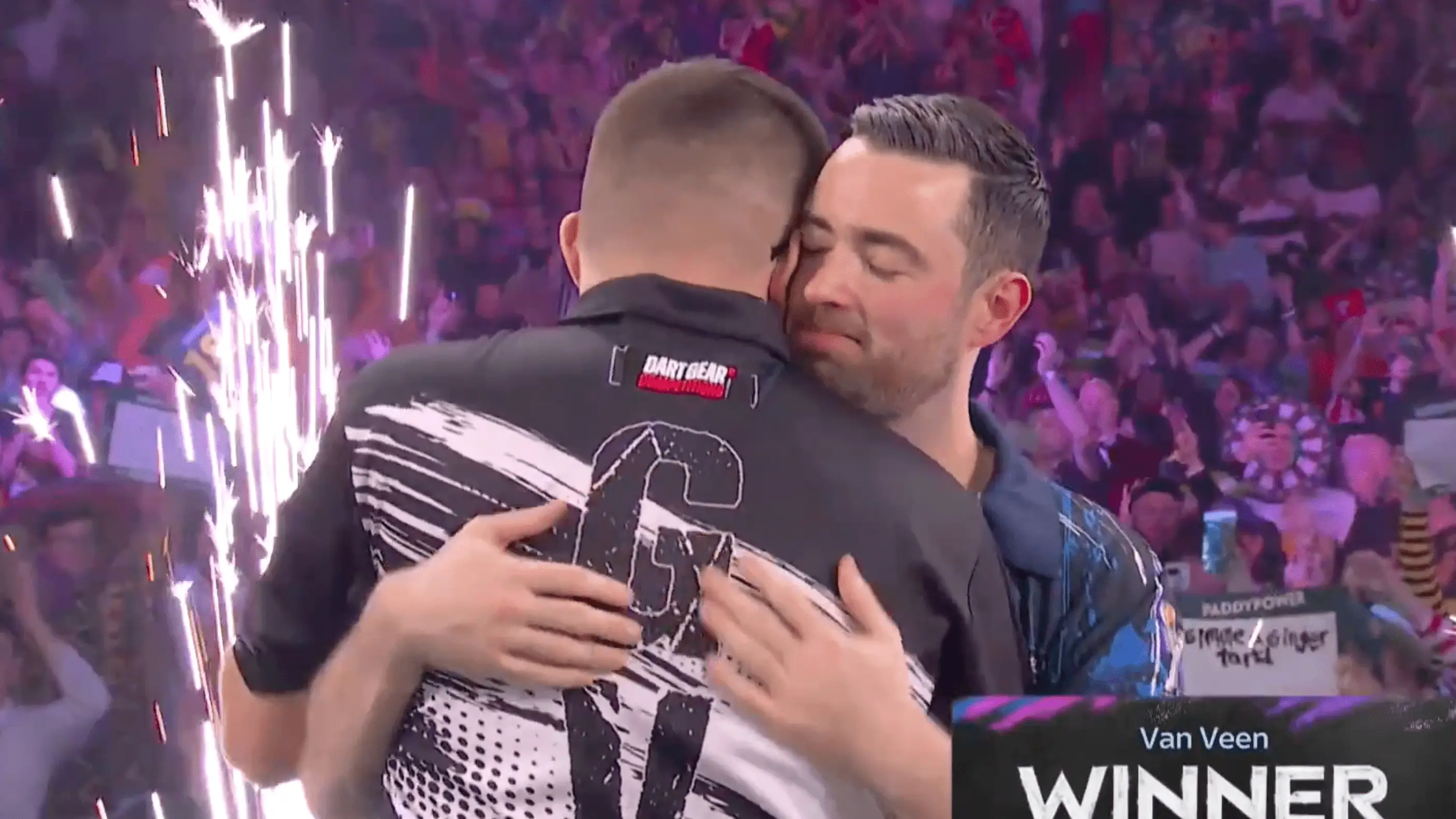 Van Veen and Humphries immediately embraced after the former's 5-1 victory (Image: Sky Sports)