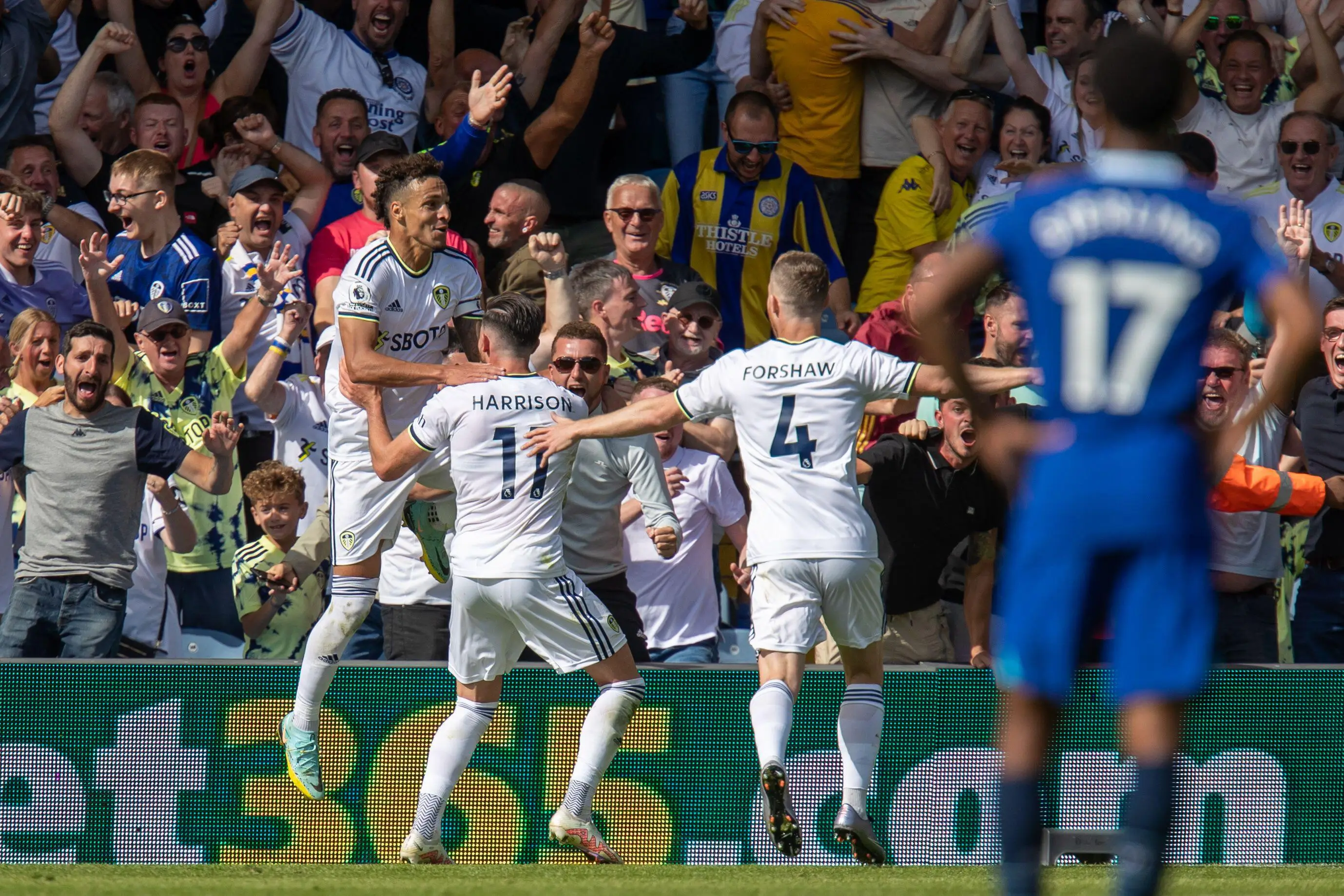 Raheem Sterling watches on as Leeds United celebrate their goal. (Alamy)