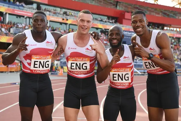 Aikines-Aryeetey (left) won Commonwealth Games relay gold in 2018 with team-mates Richard Kilty, Reuben Arthur and Zharnel Hughes (Image: Getty)