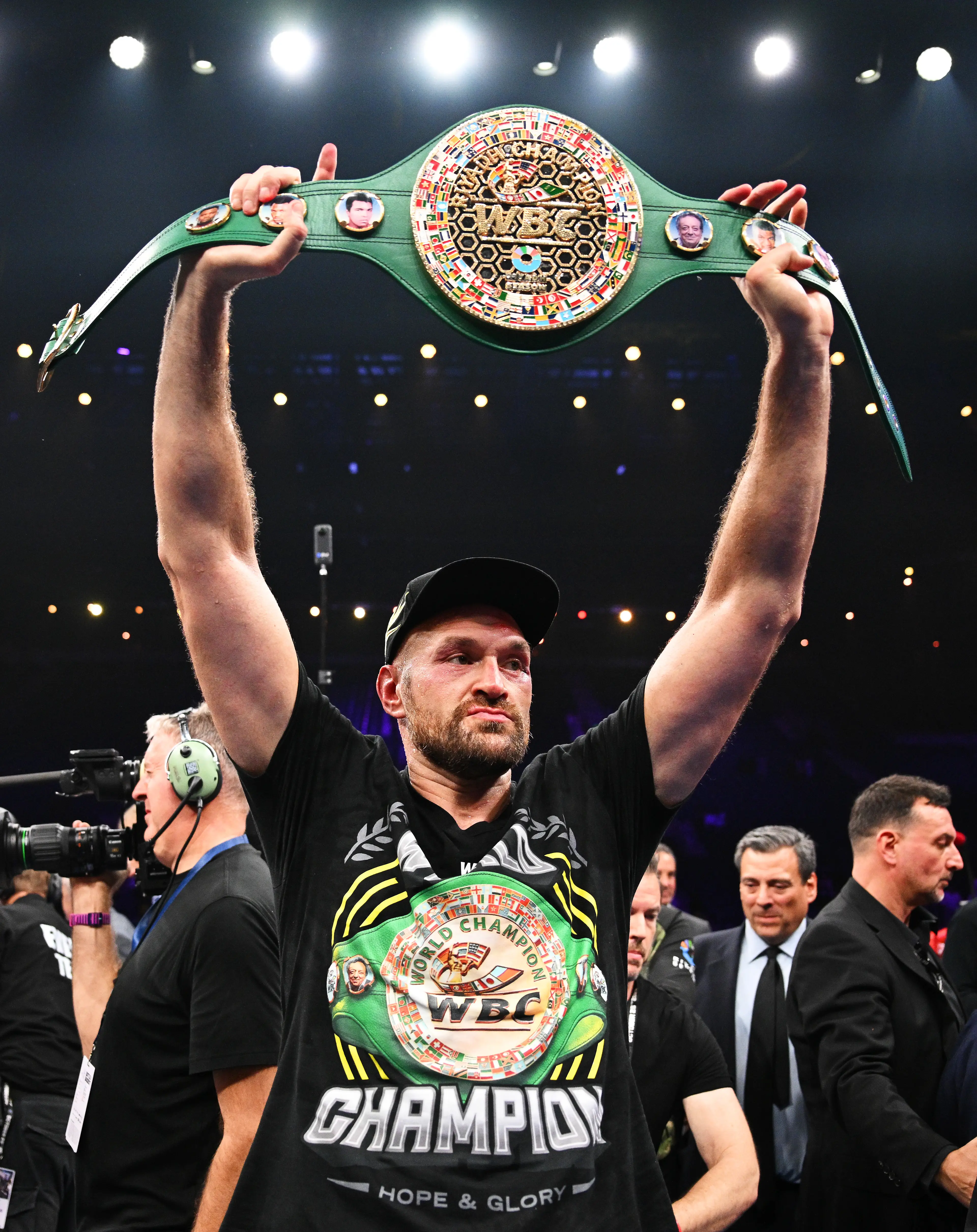 Tyson Fury holds aloft the WBC title after beating Francis Ngannou last year. Image: Getty 
