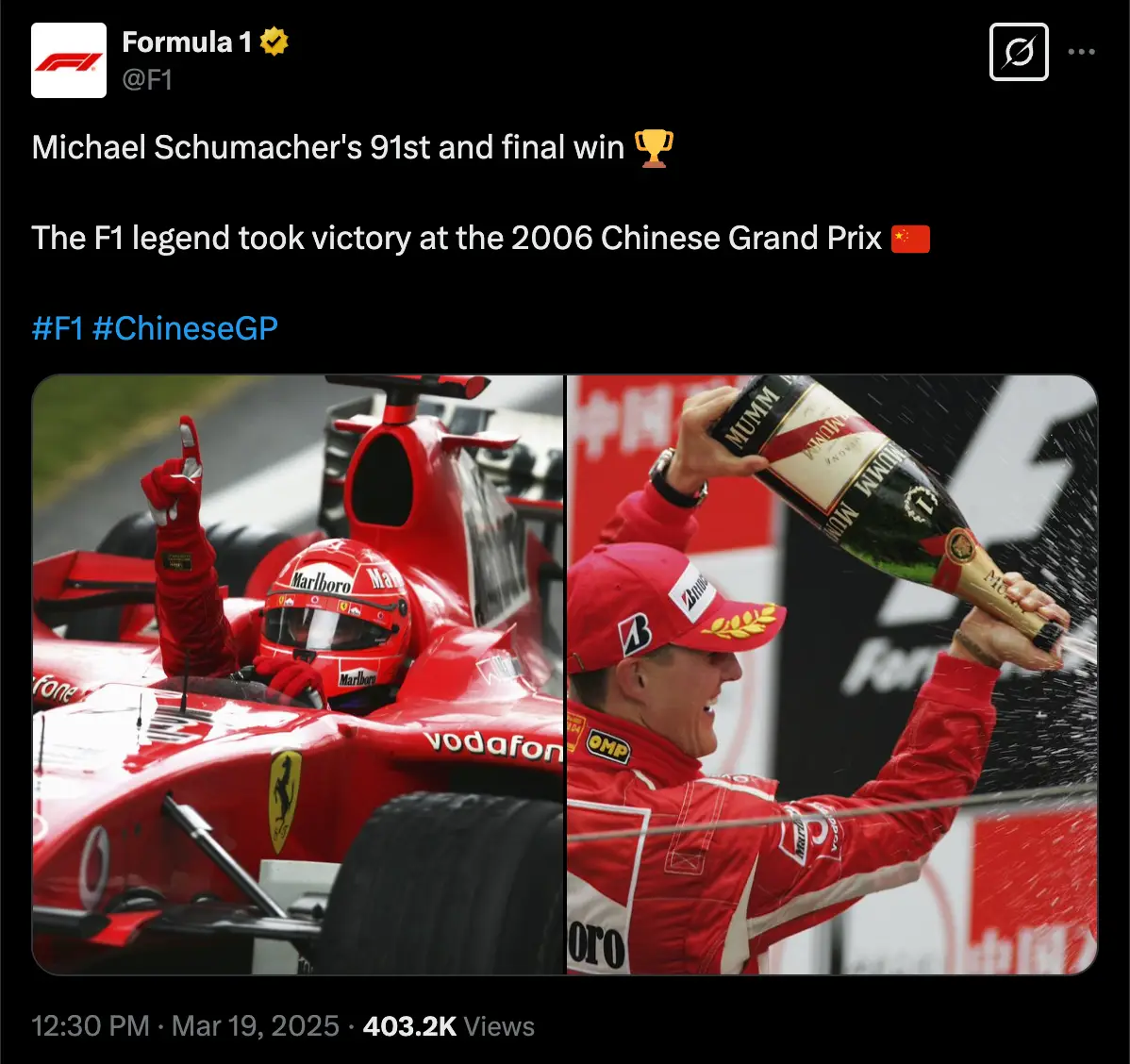 Schumacher won 91 races during his Formula 1 career (Image: Twitter)