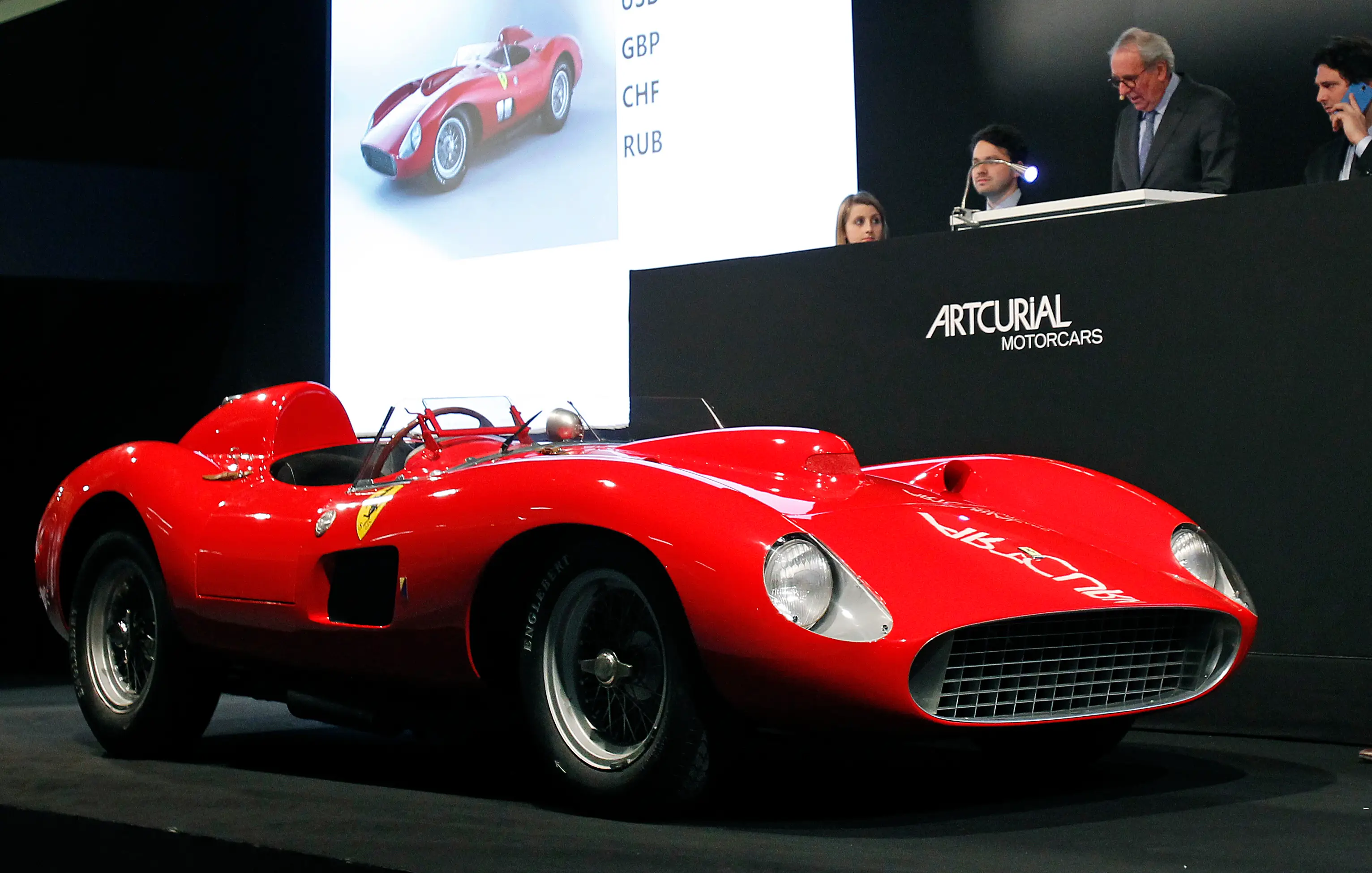 A Ferrari 335 S Spider Scaglietti on display during an auction. Image: Getty 