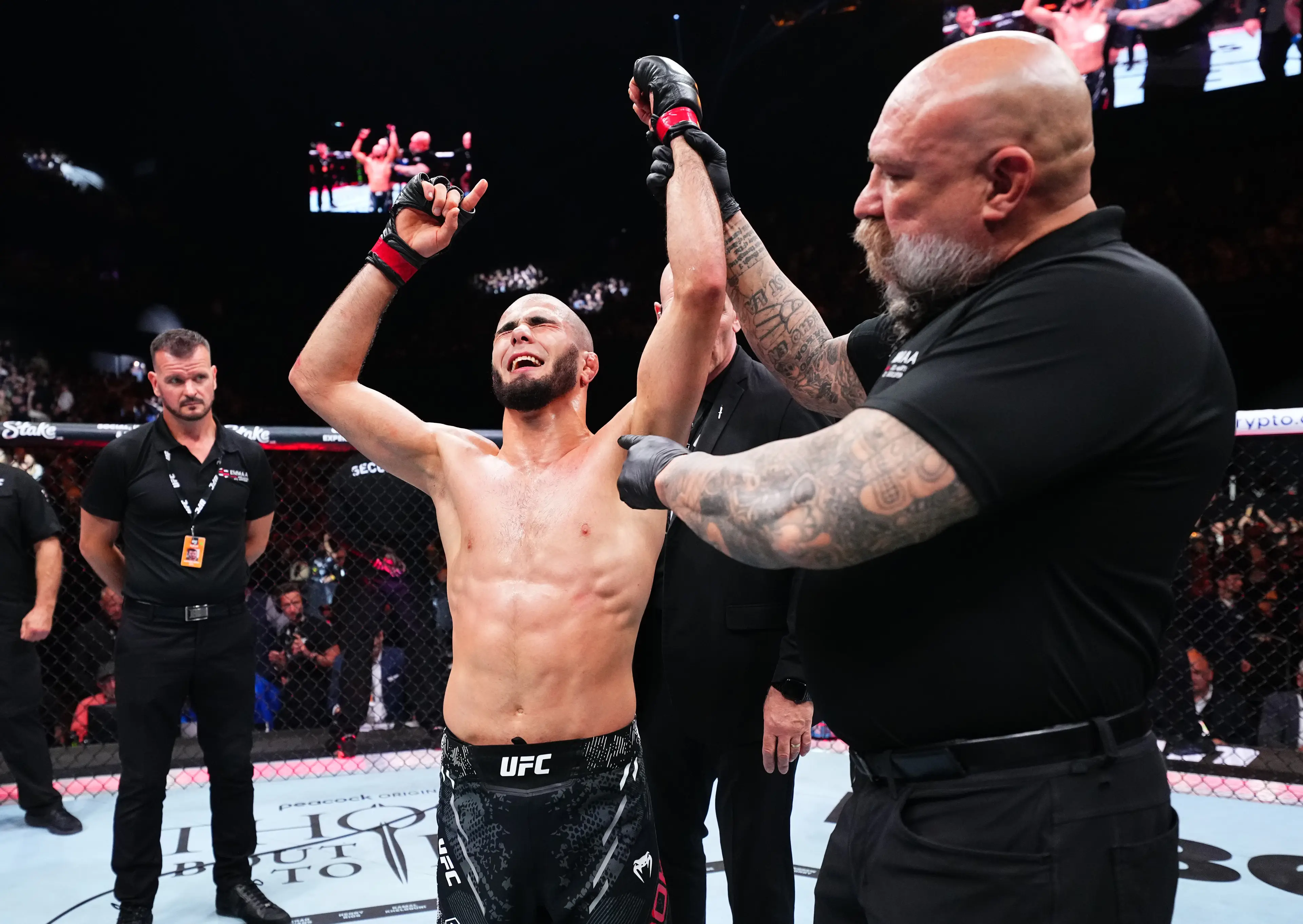 Muhammad Mokaev celebrates his victory at UFC 304. Image: Getty