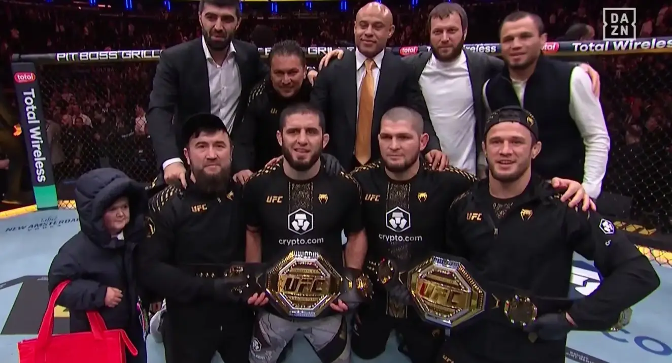 Hasbulla celebrates with Islam Makhachev following his victory at UFC 322. Image: UFC/DAZN