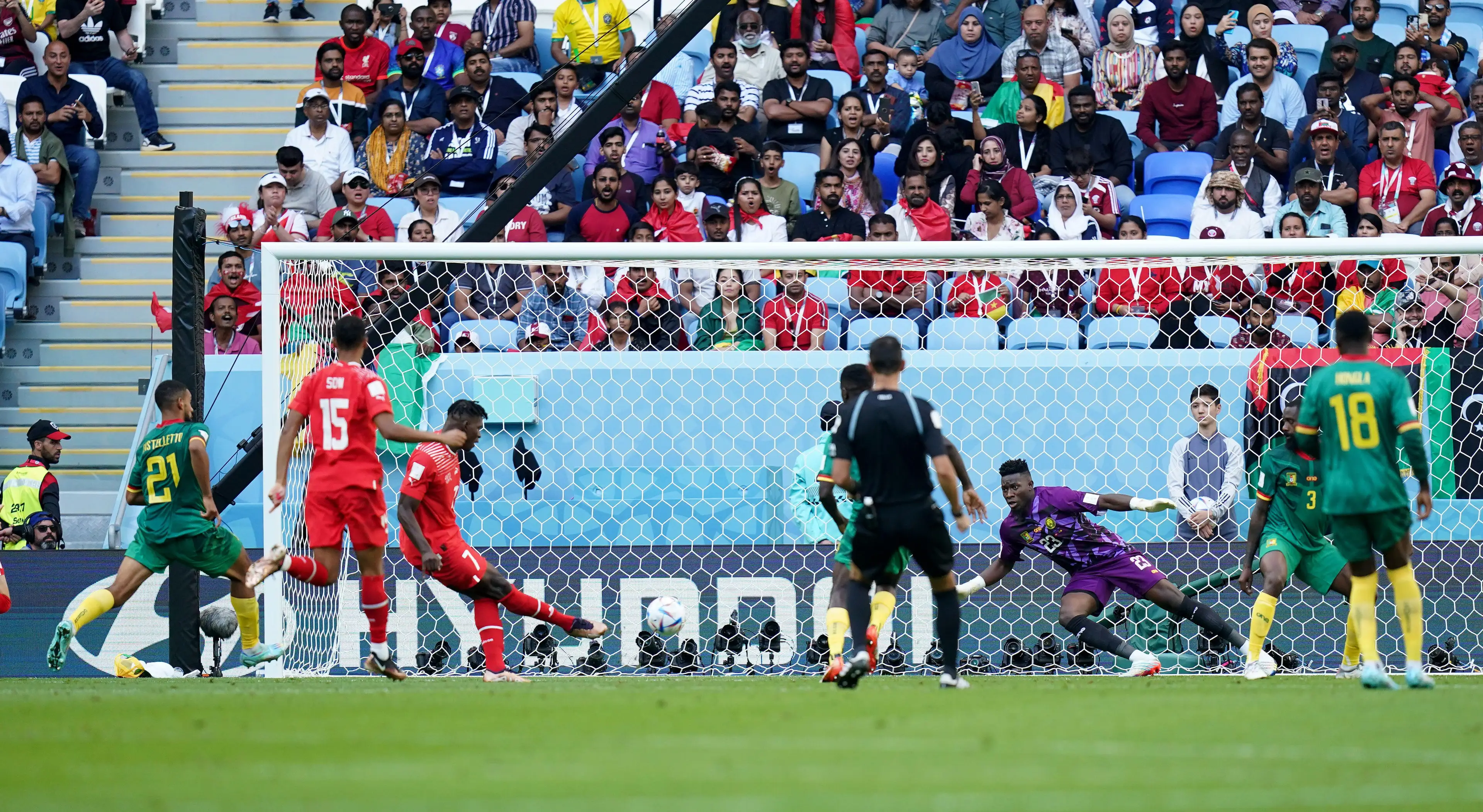 Breel Embolo opens the scoring against Cameroon. Image: Alamy