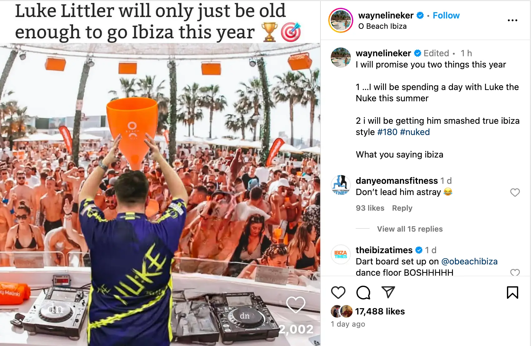 Wayne Lineker sent a message to Luke Littler. Image: Instagram/@waynelineker