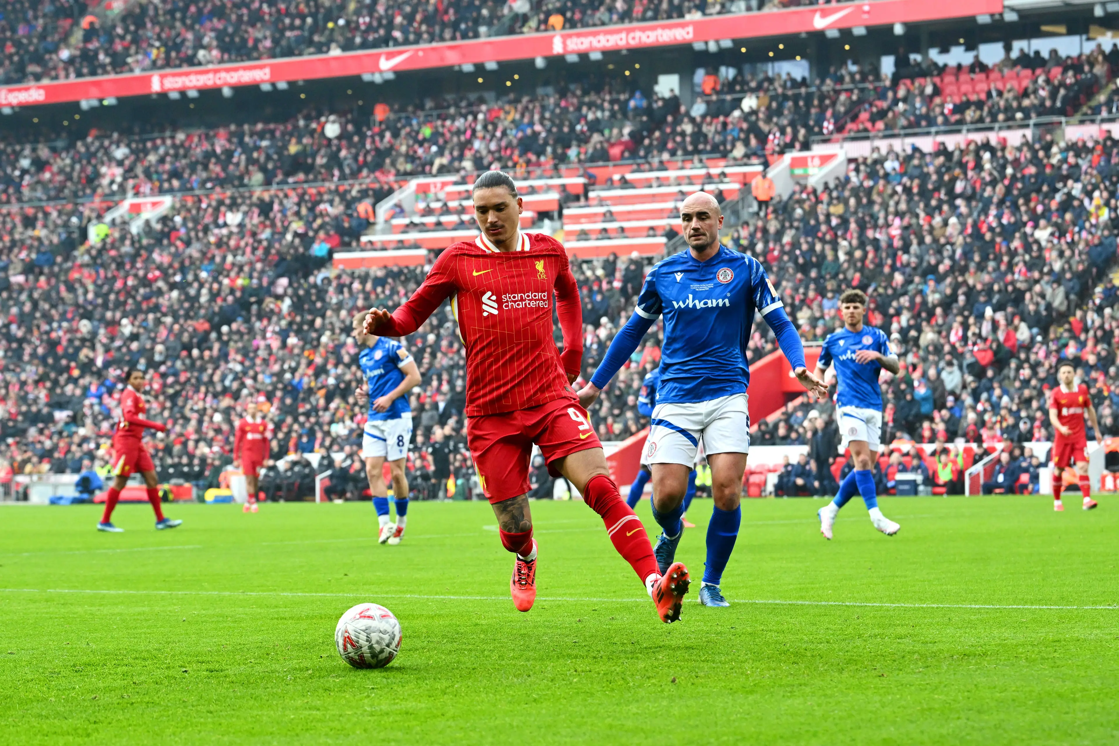 Darwin Nunez had a tough afternoon at Anfield. Image: Getty