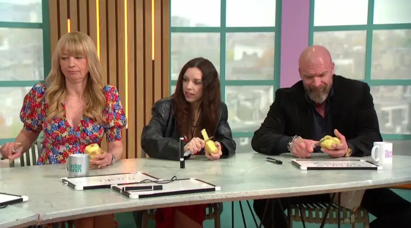 Triple H was tasked with peeling a potato during his appearance on Sunday Brunch. Image: Channel 4