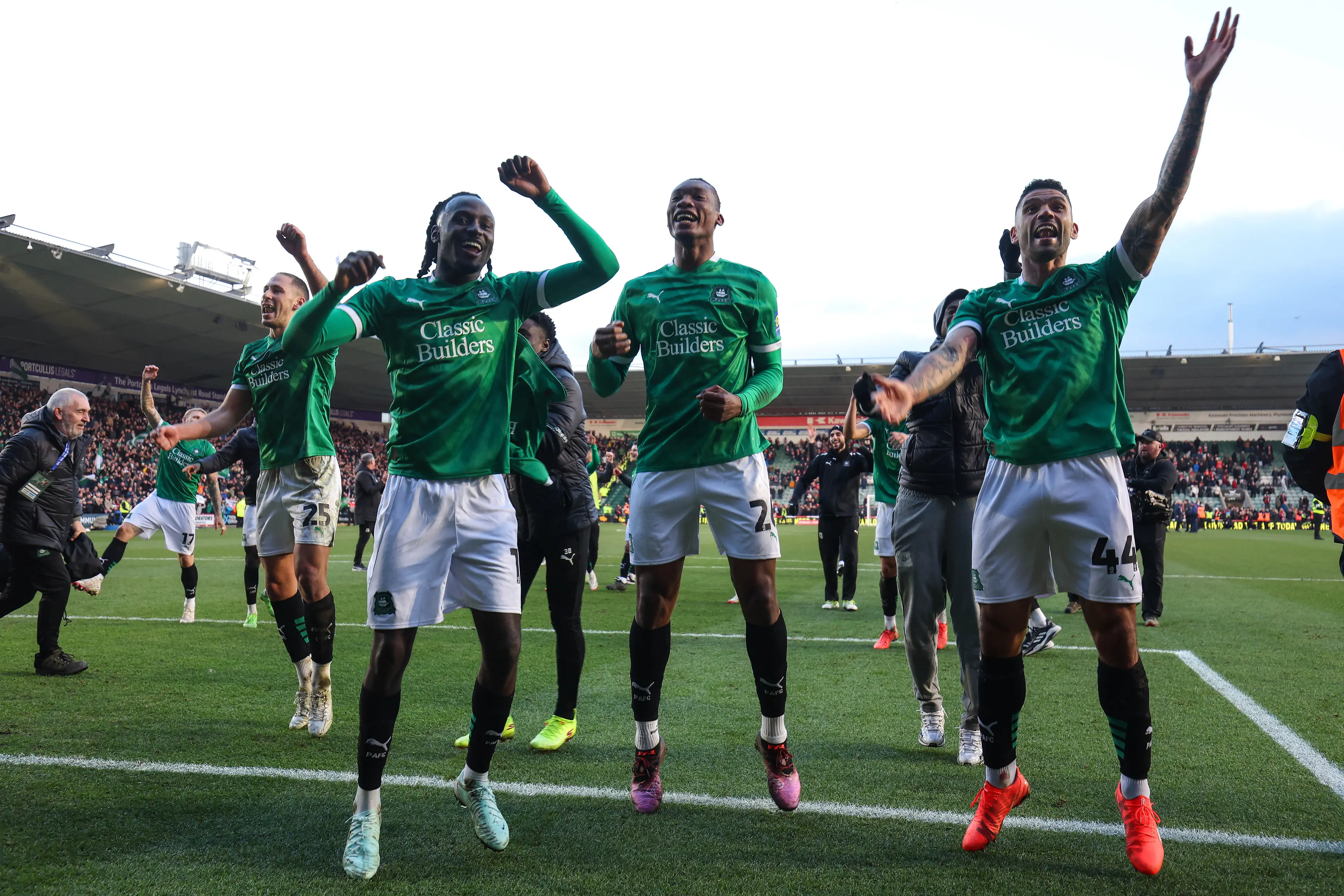Plymouth celebrate beating Liverpool. Image: Getty