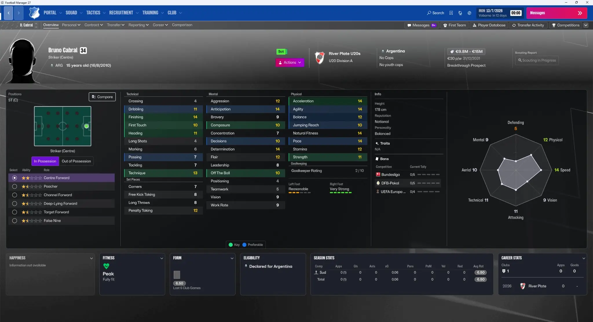 Bruno Cabral's profile on Football Manager 27. Image credit: Sports Interactive - X/@Passion4FM