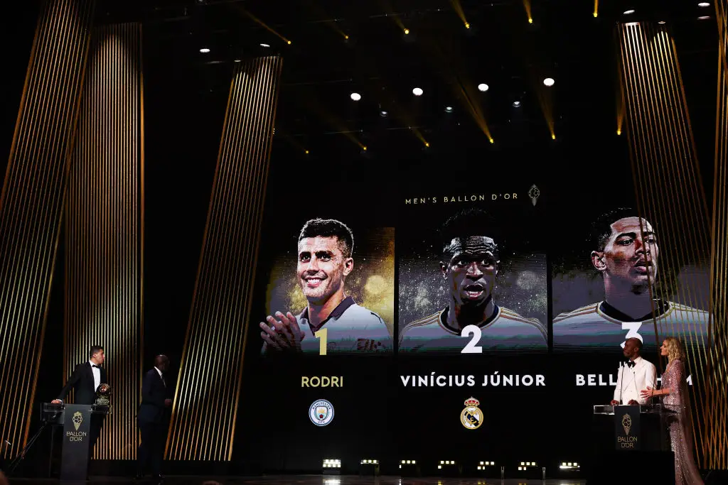 Real Madrid pair Vinicius Jr and Jude Bellingham finished second and third in the Ballon d'Or rankings behind Rodri. (Image: Getty)